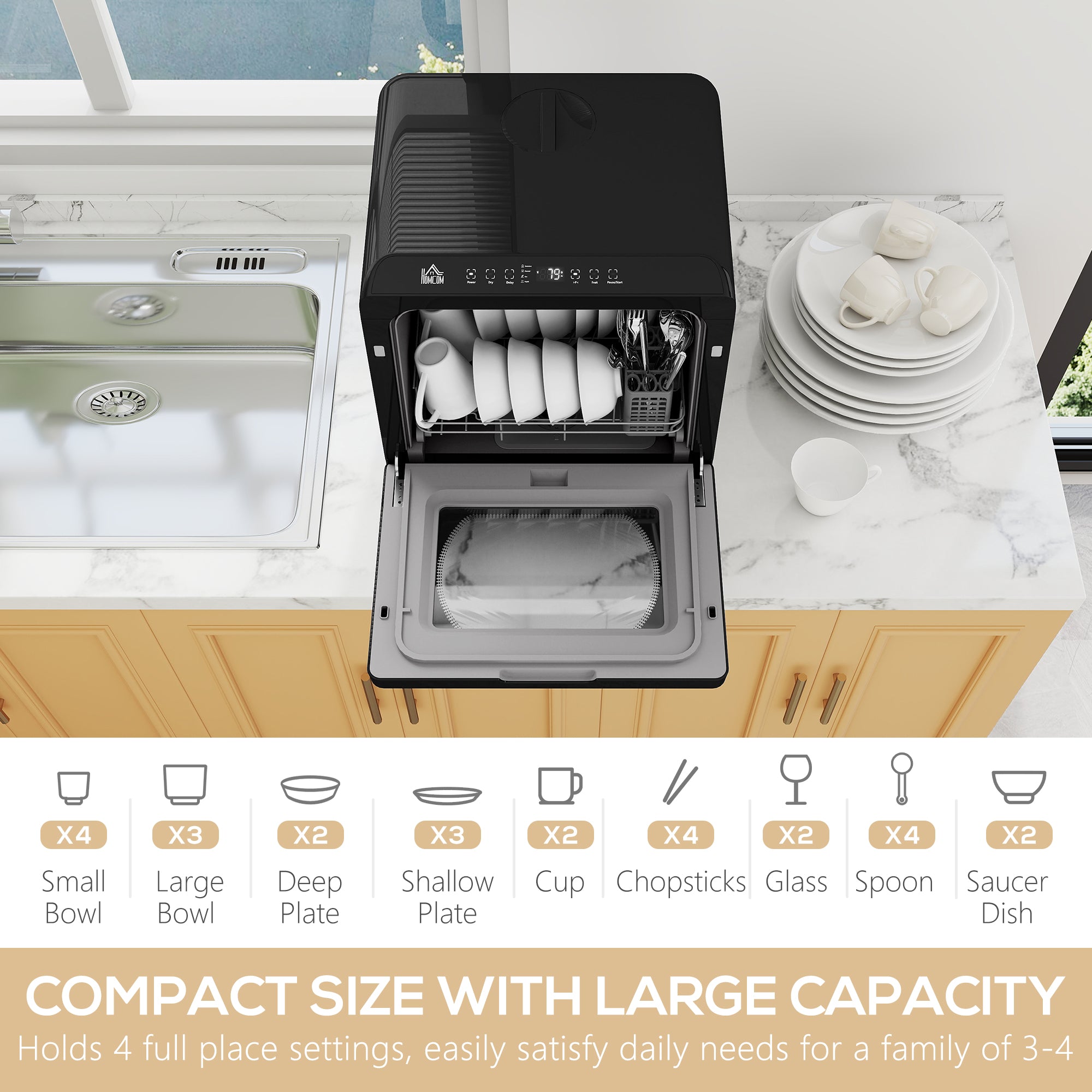 Kozy - Table Top Dishwasher with Built-in 6L Water Tank, Mini Countertop Dishwasher with 6 Programs, 4 Place Settings, Black