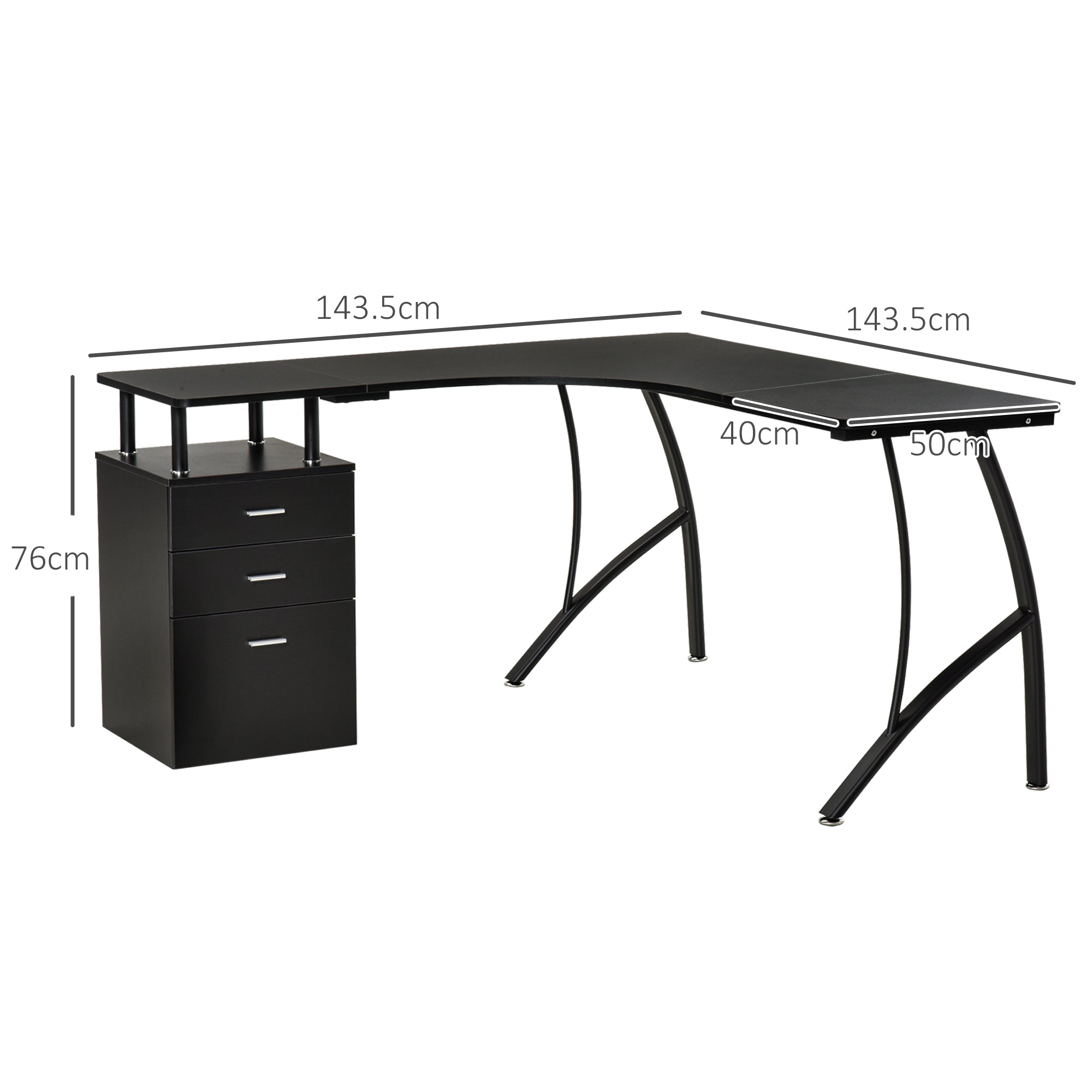 Kozy L-Shaped Computer Desk Table with Storage Drawer, Home Office Desk Corner Industrial Style Workstation for A4 Files 143.5 x 143.5 x 76cm, Black