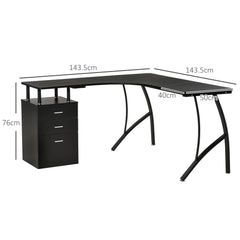 Kozy L-Shaped Computer Desk Table with Storage Drawer, Home Office Desk Corner Industrial Style Workstation for A4 Files 143.5 x 143.5 x 76cm, Black