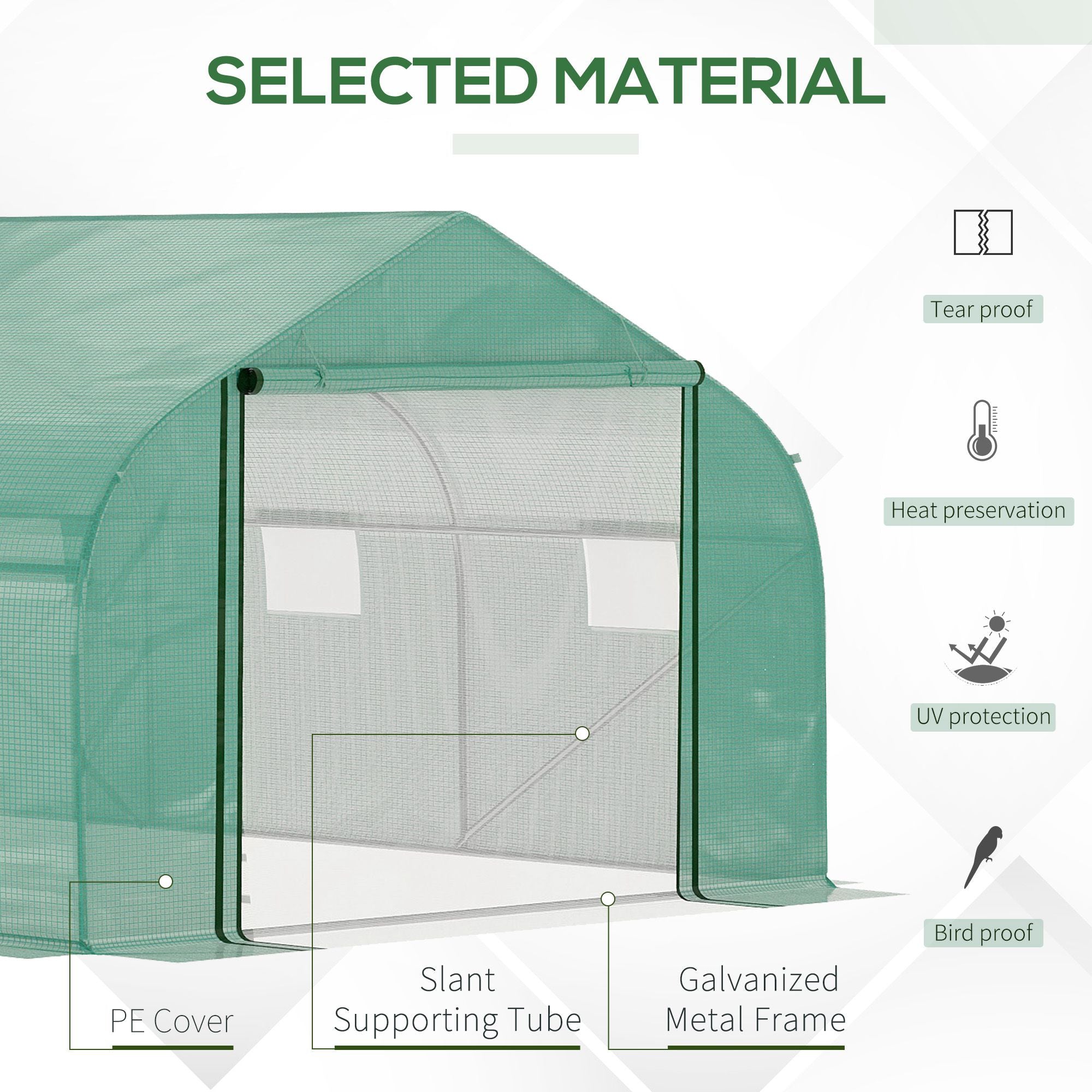 Kozy Walk-in Polytunnel Garden Greenhouse, Outdoor Mesh Door Greenhouse with PE Cover and 6 Windows, 4.5 x 3 x 2m, Green