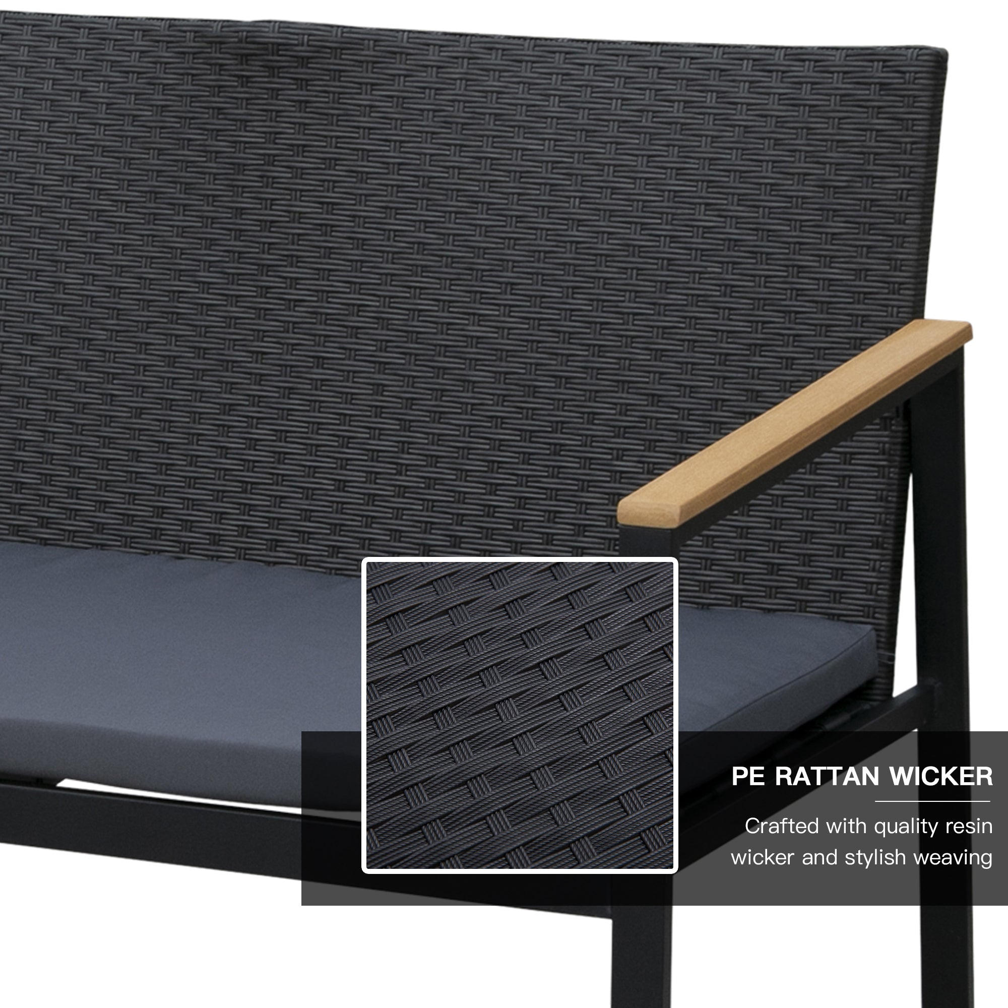 Kozy 4 Pieces Rattan Garden Furniture Set, 4 Seater Garden Sofa Set with Loveseat, 2 Armchairs and Glass Top Coffee Table, Wicker Outdoor Conservatory Furniture with Cushions for Patio, Black