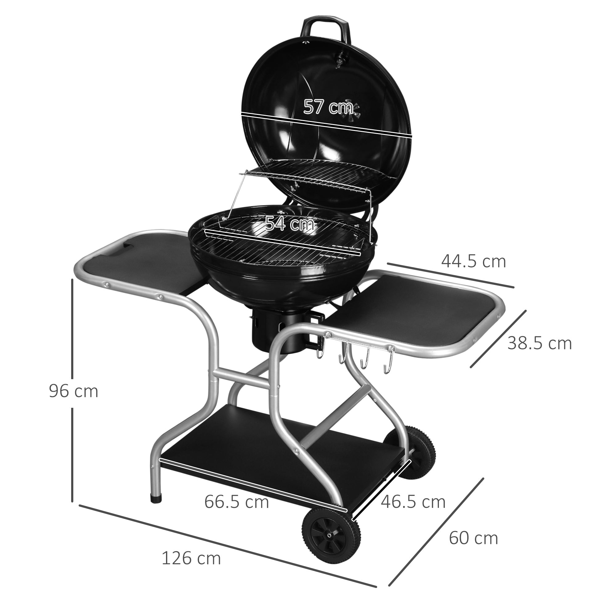 Kozy Portable Charcoal Kettle Grill Outdoor Barbecue Trolley BBQ Heat Smoker Grilling with 2 Wheels, Storage Shelf and 4 Hooks, Free Standing, Black