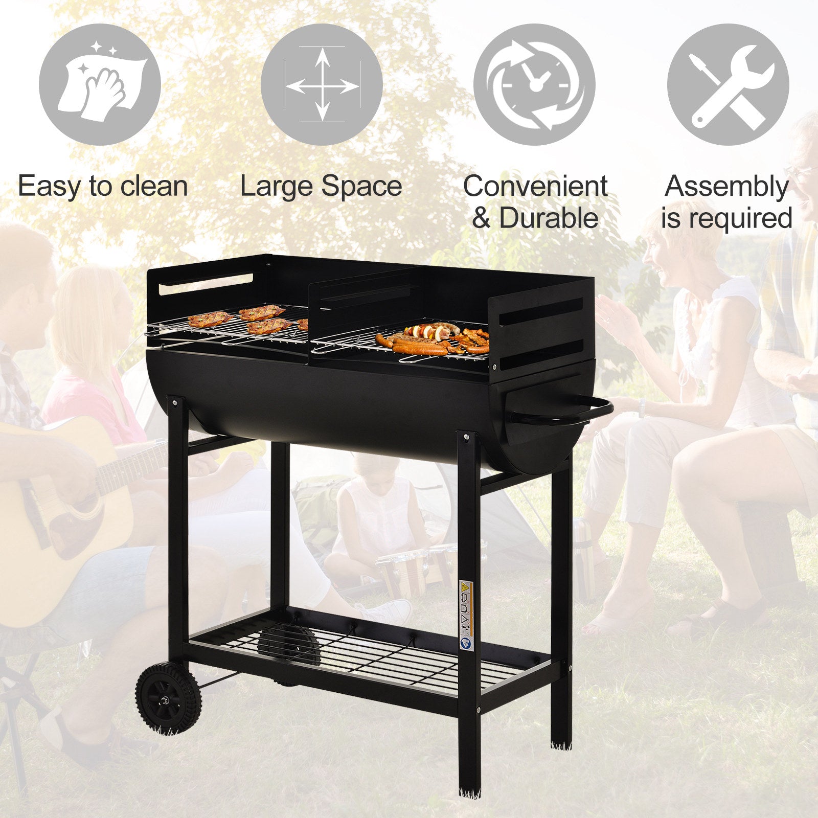 Kozy Steel 2-Grill Charcoal BBQ w/ Wheels Black