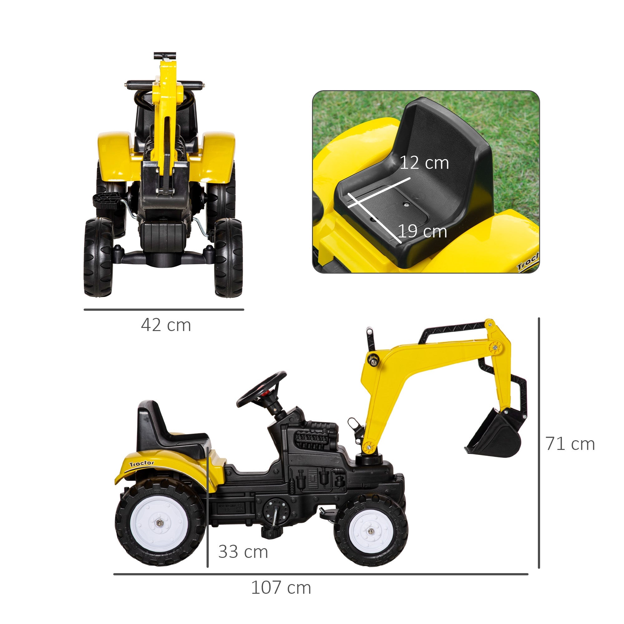 HOMCOM Pedal Digger, Ride-on Construction Toy Car with Functional Horn, Pretend Play, Yellow | Aosom UK