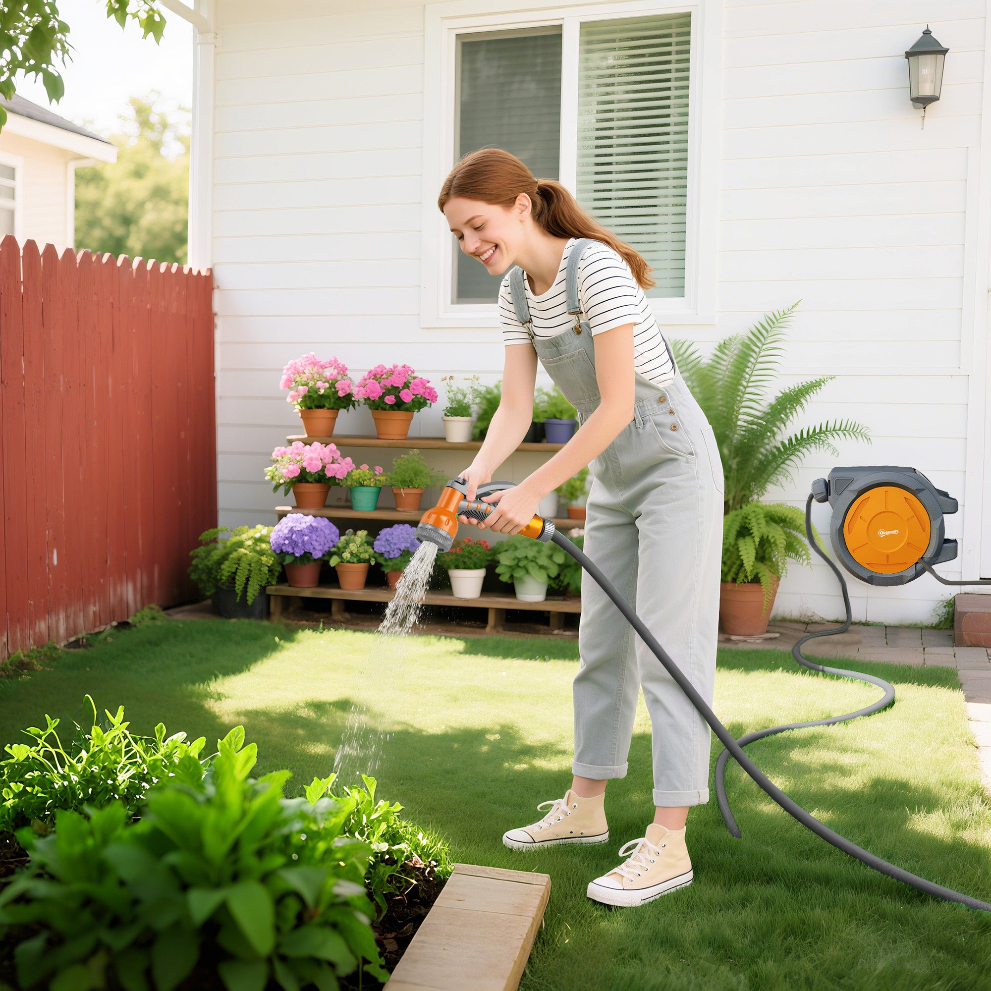 Kozy - Retractable Hose Reel Wall Mounted, 30+2m Garden Hose Pipe Reel with Lock, Auto Rewind, 7 in 1 Spray Nozzle, Includes Wall Fixings, 180° Swivel, Outdoor Watering, Orange