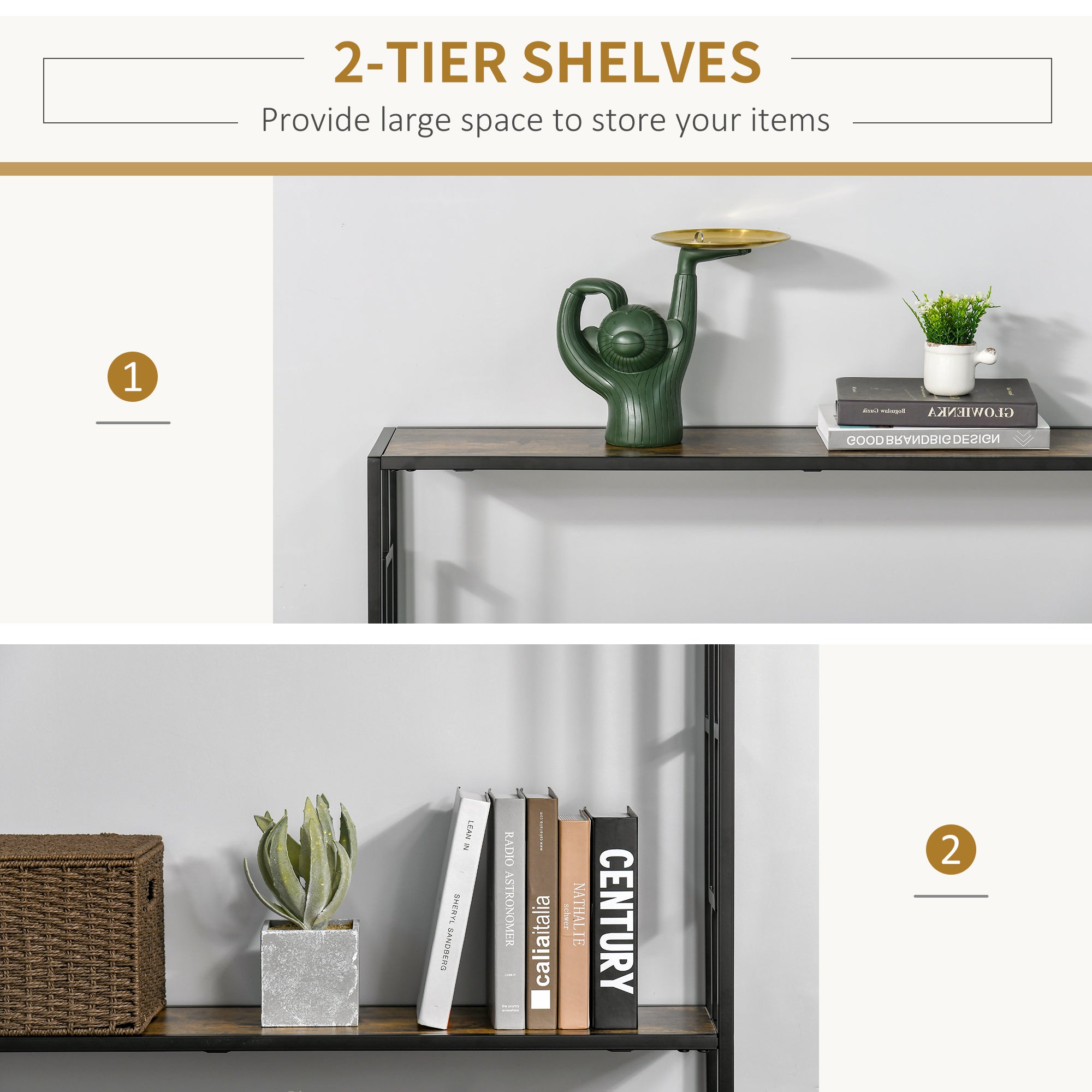 Kozy Industrial Console Table with Storage Shelf, Narrow Hallway Dressing Desk with Metal Frame for Living Room, Bedroom, Rustic Brown