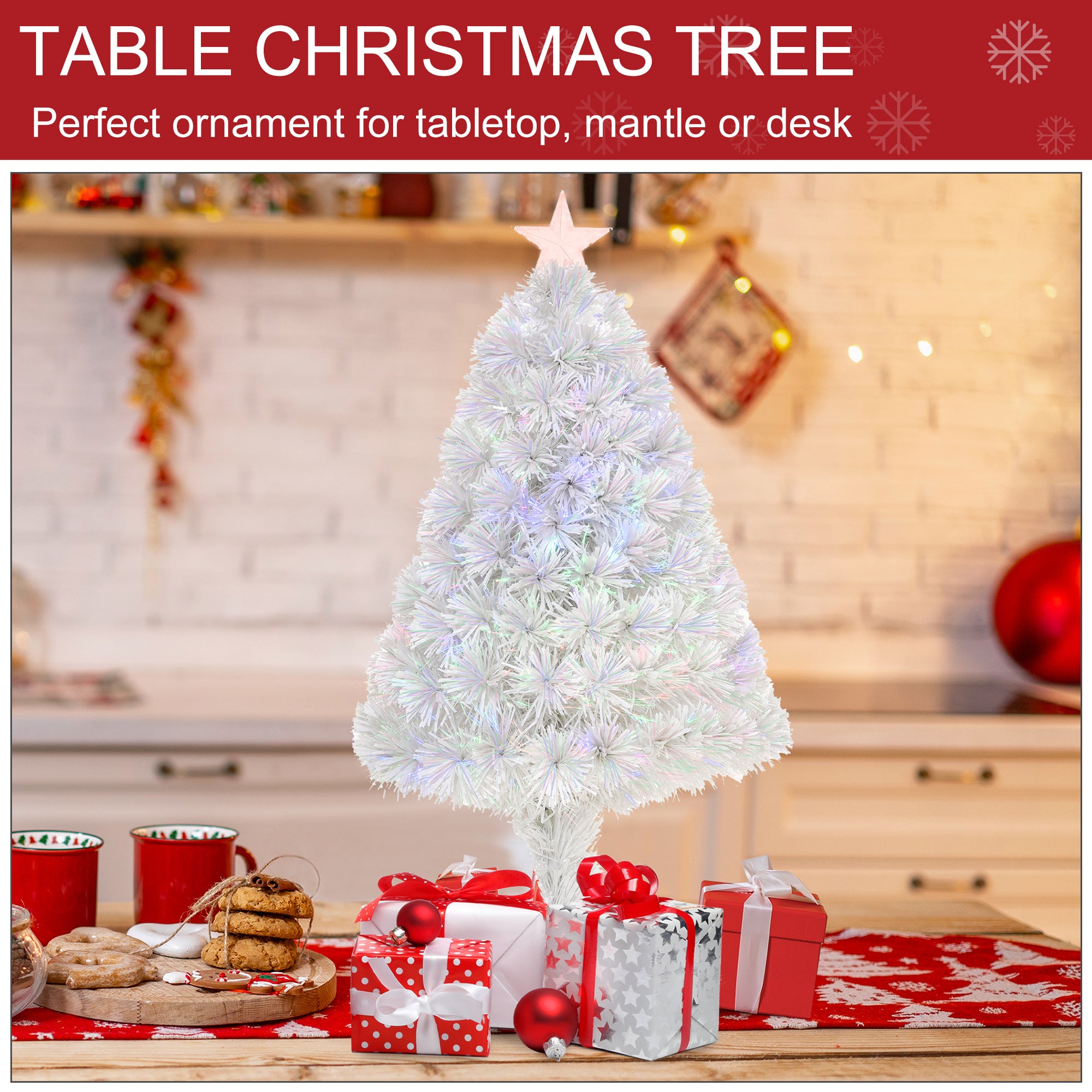 Kozy 2.5FT Prelit Artificial Tabletop Christmas Tree with Fibre Optics Holiday Home Xmas Decoration for Table and Desk, White