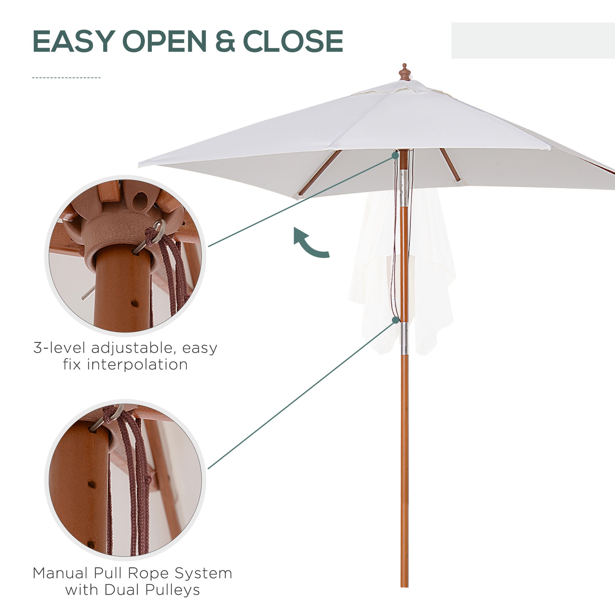 Kozy 2m x 1.5m Garden Parasol Umbrella with Tilting Sunshade Canopy, Outdoor Market Table Umbrella with Wood and Bamboo Frame, Cream White