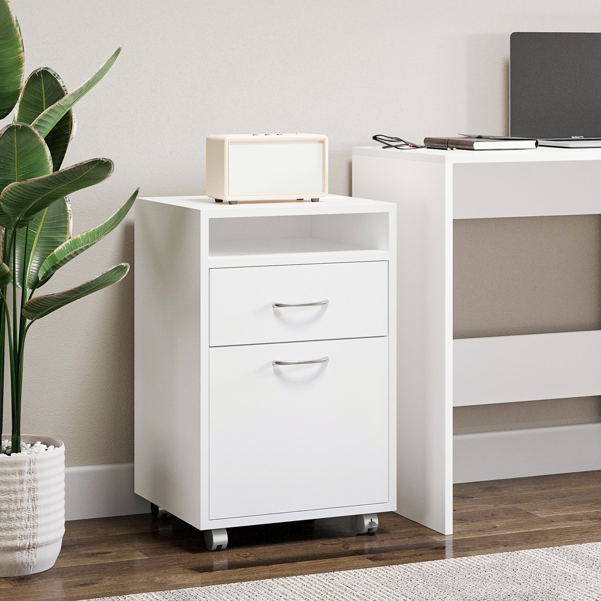 Kozy 60cm Filing Cabinet with Drawer, Open Shelf, Metal Handles and 4 Wheels, Office Home Organiser Mobile Printer, White