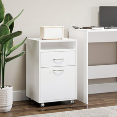 Kozy 60cm Filing Cabinet with Drawer, Open Shelf, Metal Handles and 4 Wheels, Office Home Organiser Mobile Printer, White