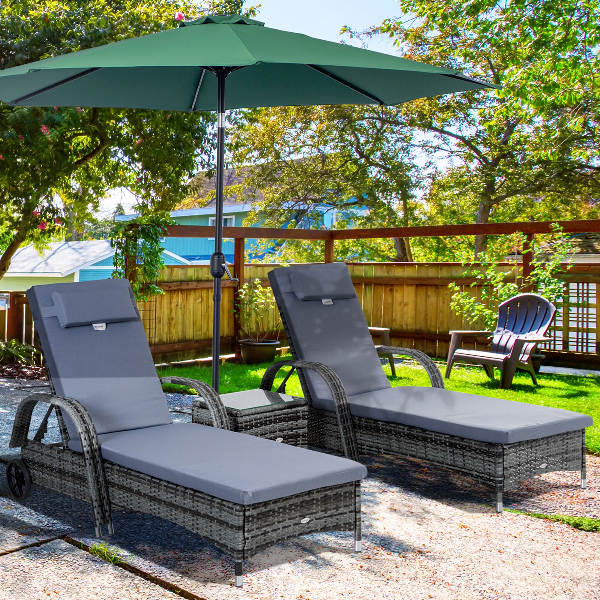 Kozy 3 Pieces Rattan Sun Loungers, Garden Wicker Wheeling Recliner , PE Rattan Lounge Chairs w/ Cushions & Side Coffee Table Grey