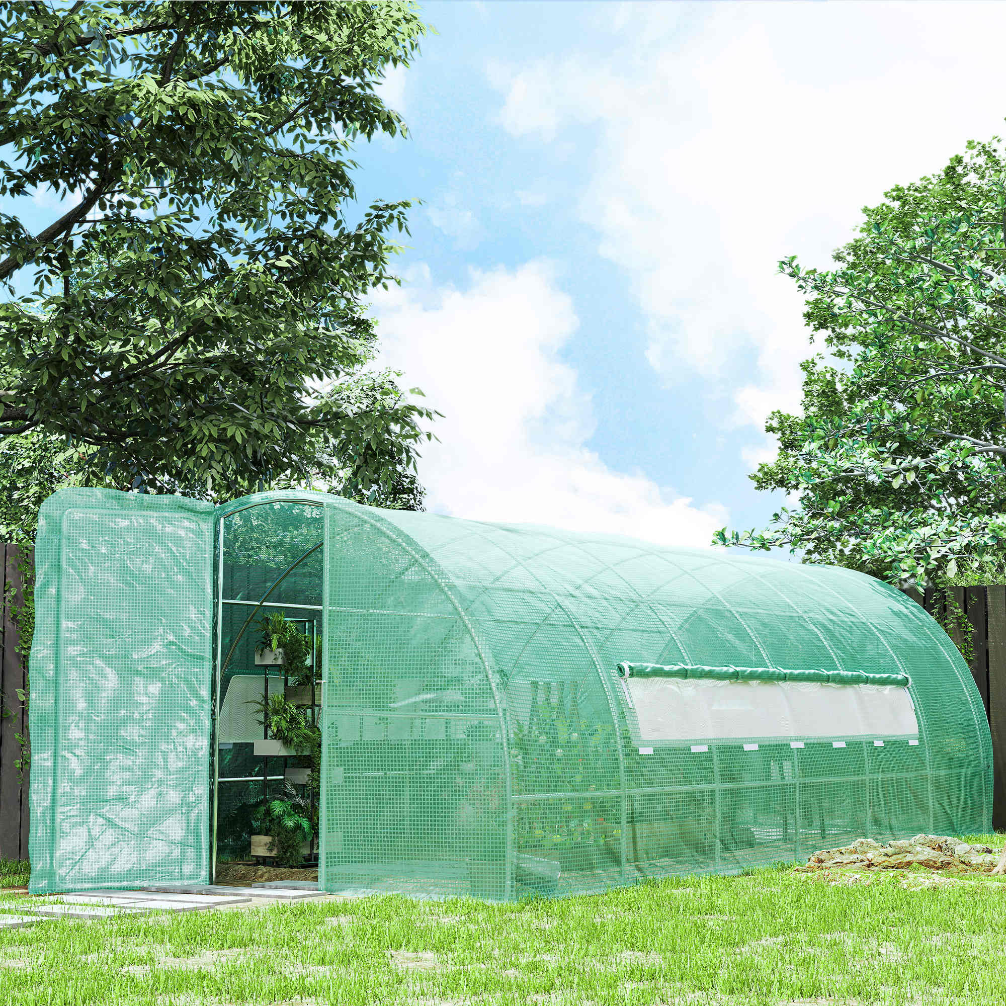 Kozy Large Polytunnel Walk In Greenhouse, Plant Gardening Tunnel Green House with Metal Hinged Door, Galvanised Steel Frame & Mesh Windows, Green (3 x 6 m)