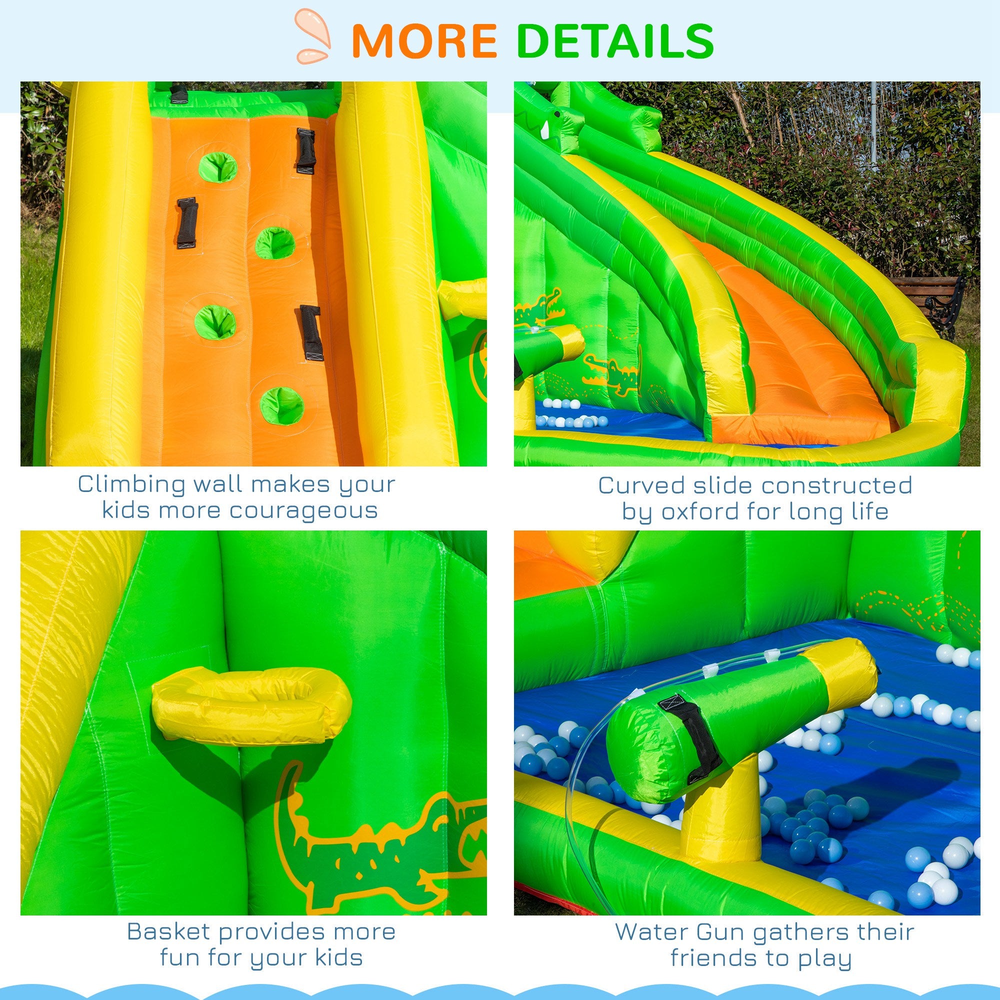 Kozy 5 in 1 Kids Bouncy Castle Large Crocodile Style Inflatable House Slide Basket Water Pool Gun Climbing Wall with Blower Carrybag for Kids Age 3-8, 3.85 x 2.85 x 2.25m