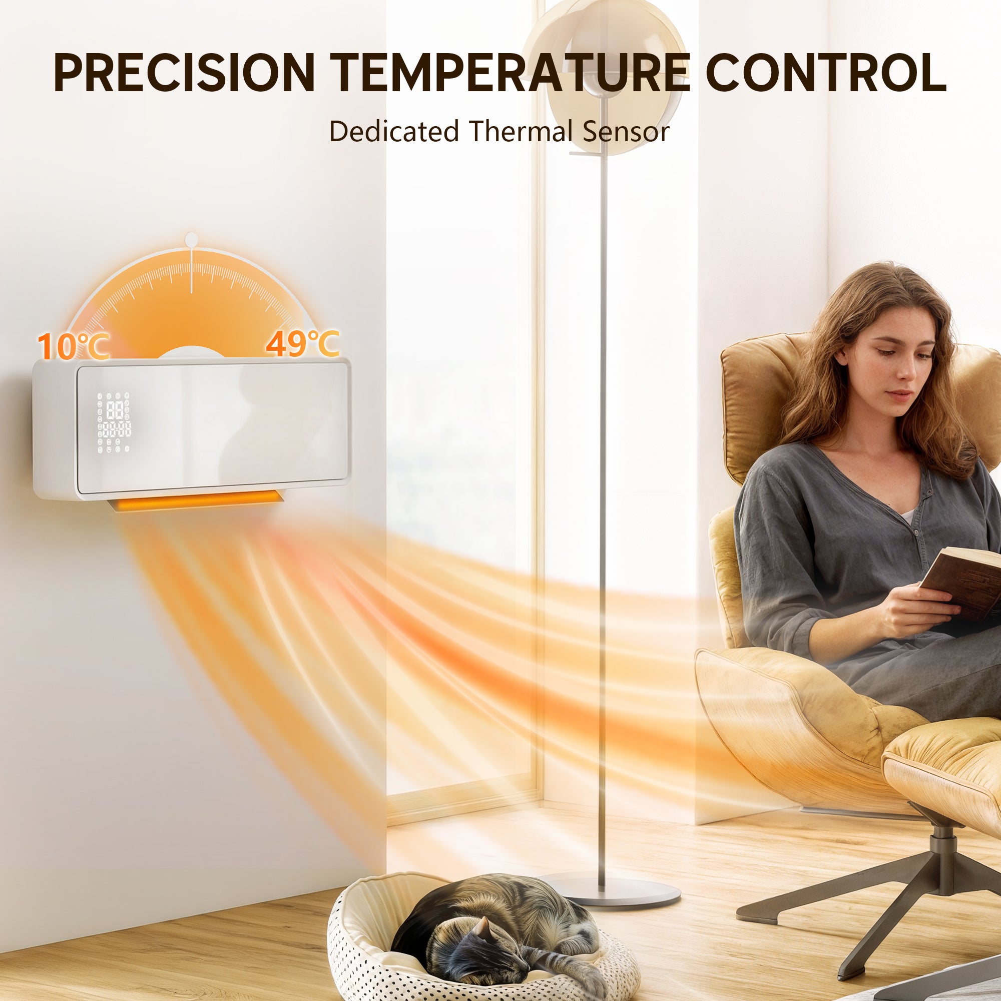 Kozy 2000W Ceramic Electric Heater with Fan, Adjustable Thermostat, Wall Mounted - White