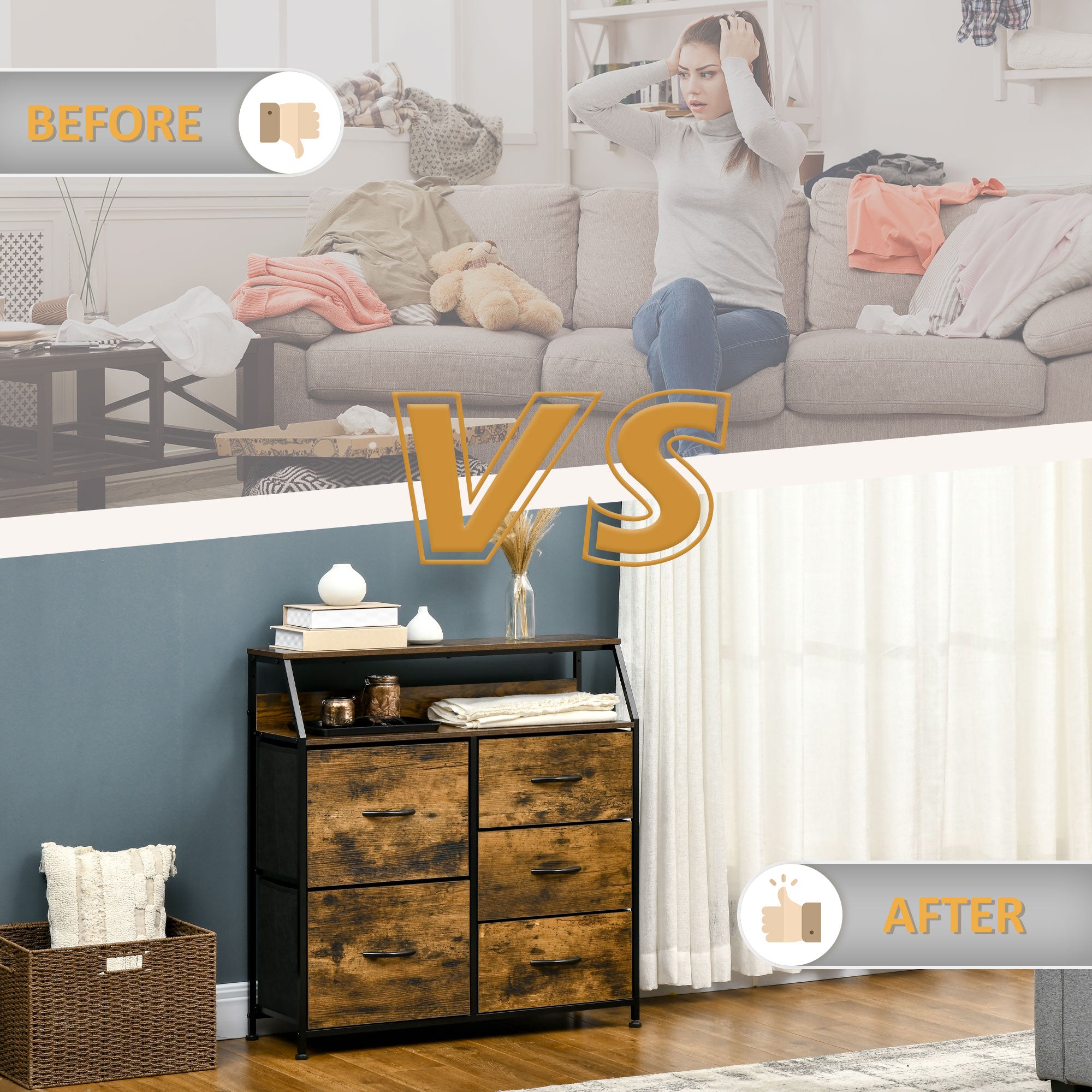 Kozy Bedroom Chest of Drawers, Industrial 5 Fabric Drawer Dresser with Open Shelf for Living Room, Rustic Brown