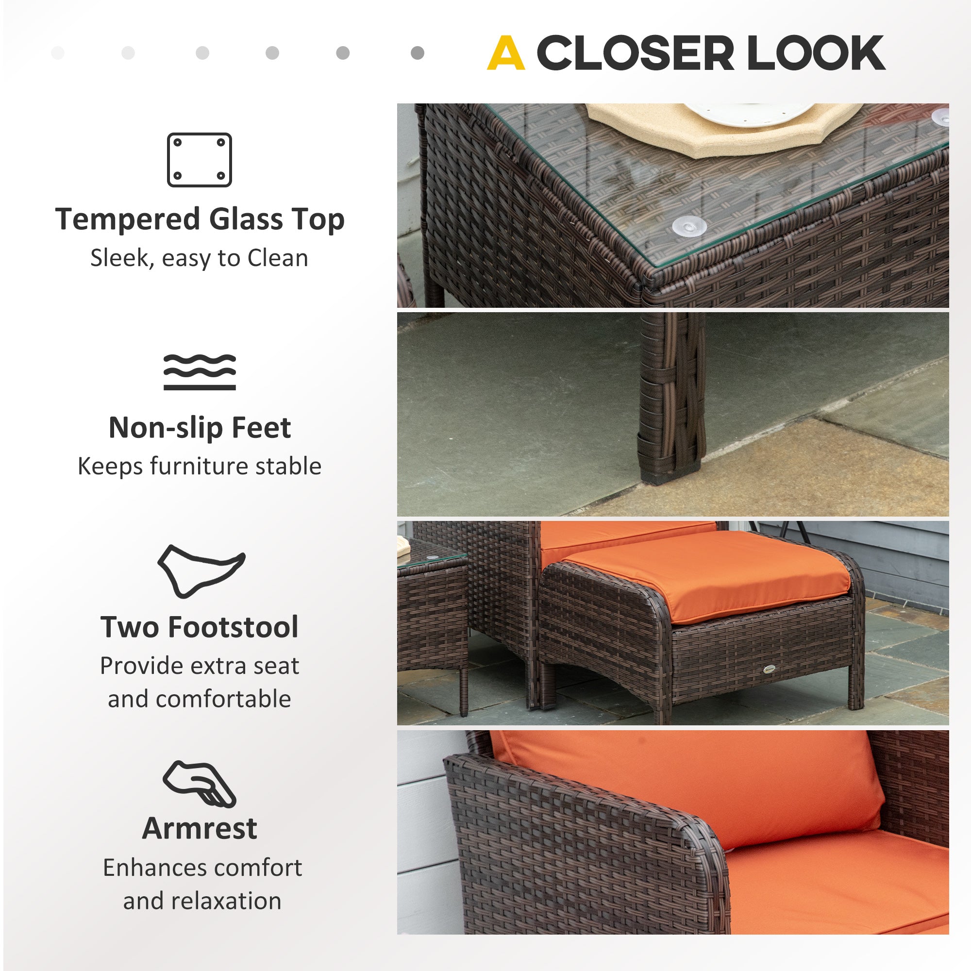 Kozy 5 Pieces PE Rattan Garden Furniture Set with 10cm Thick Padded Cushions, Wicker Weave Outdoor Seating Chairs with 2 Armchairs, 2 Stools, Glass Top Table, Brown