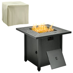 Kozy Square Propane Gas Fire Pit Table, 40000 BTU Rattan Smokeless Firepit Patio Heater with Protective Cover, Lava Rocks and Lid, 71cm x 71cm x 62cm, Black
