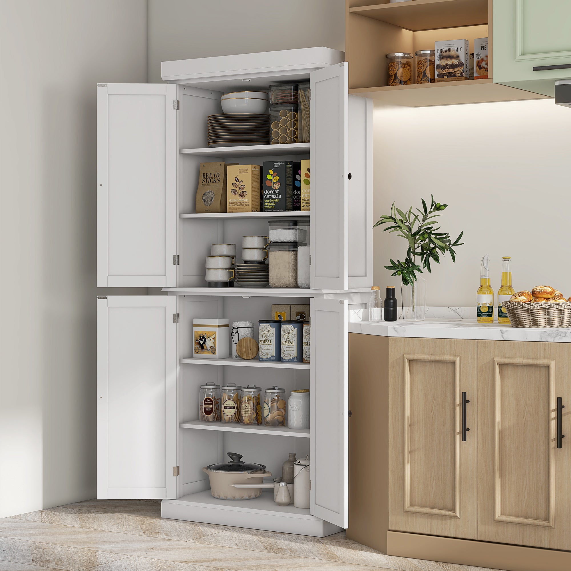 Kozy Freestanding Kitchen Cupboard with 4 Doors, Storage Cabinet with 6-Tier Shelving and 4 Adjustable Shelves, White