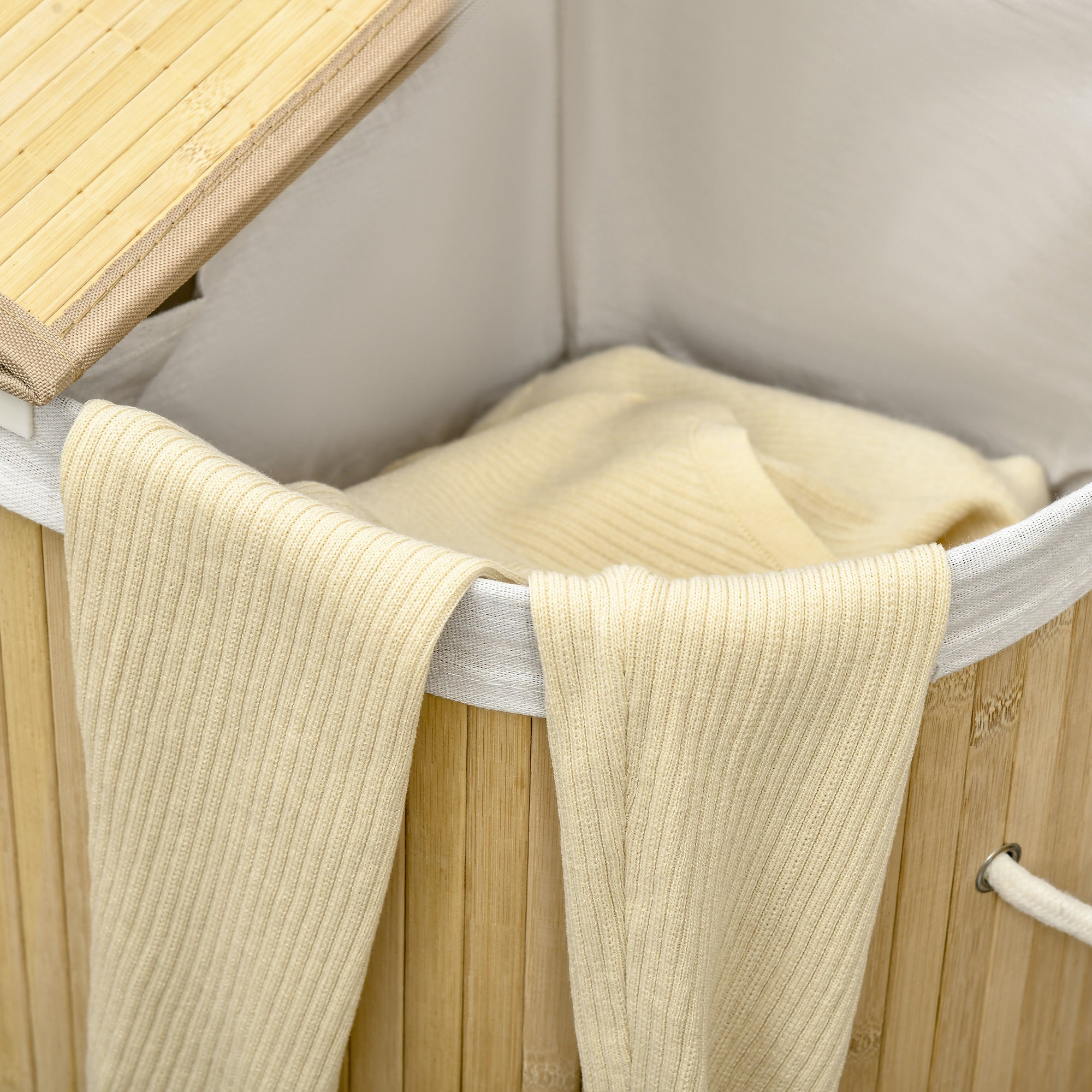 Bamboo Laundry Basket with Lid, 100 Litres Laundry Hamper with 2 Sections, Removable Washable Lining, Washing Baskets, 62.5 x 37 x 60.5cm, Natural