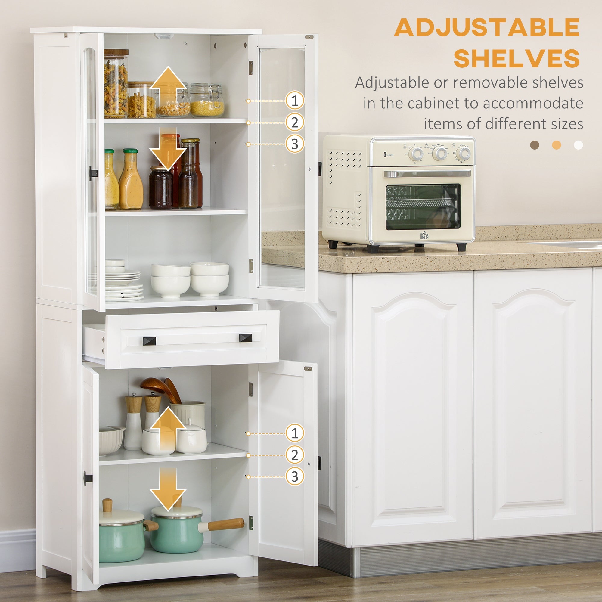 HOMCOM Kitchen Cupboard, Freestanding Storage Cabinet w/ 2 Adjustable Shelves, Drawer & Glass Door for Living Room, Dining Room, 160cm | Aosom UK