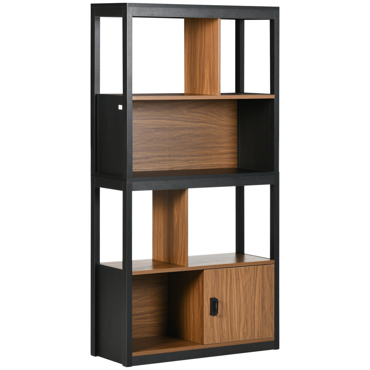 Kozy Modern 4-Tier Bookshelf, Freestanding Bookcase with Storage Shelving and Closed Cabinet, for Living Room Home Office Study, Walnut Brown