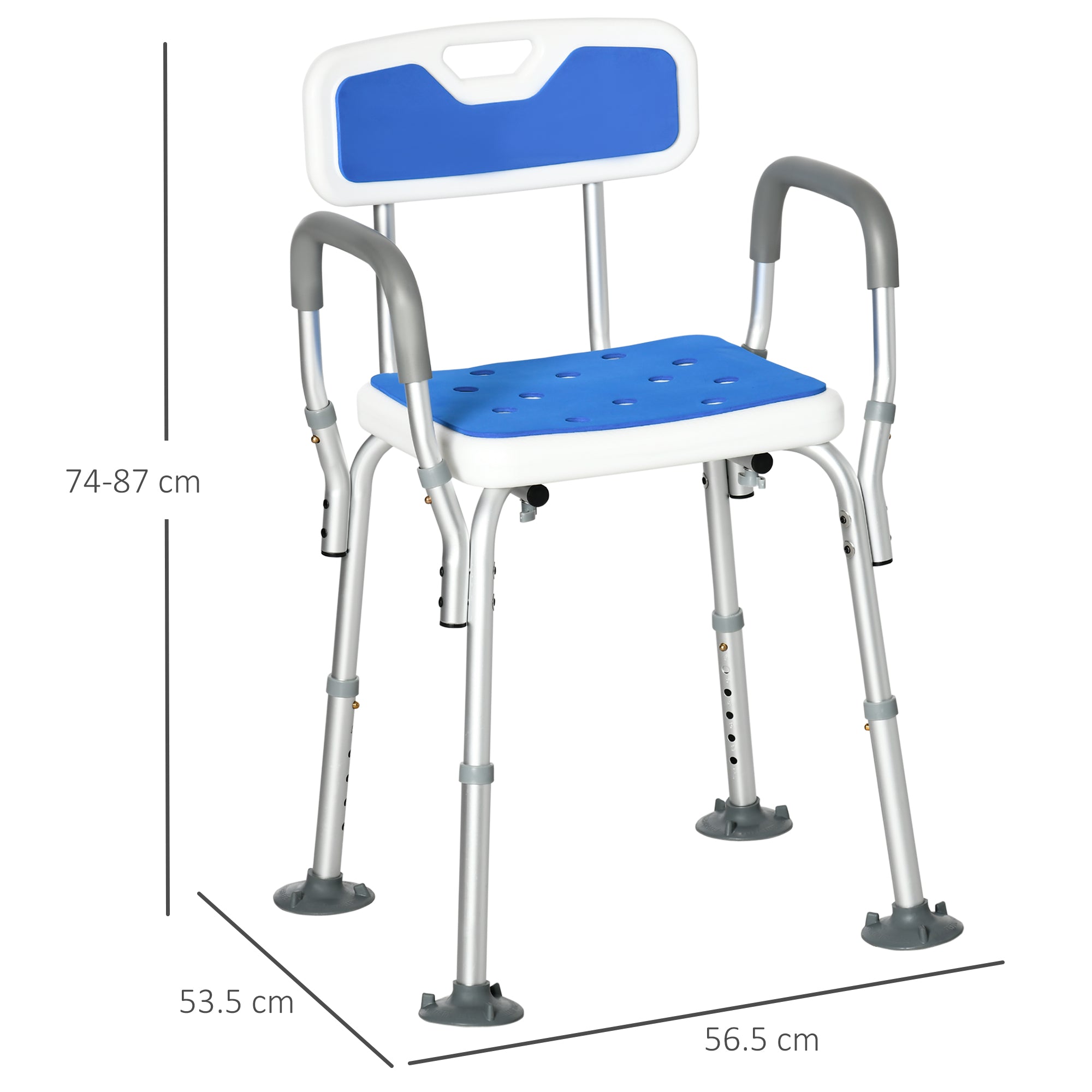 Kozy EVA Padded Shower Chair for the Elderly and Disabled, Height Adjustable Shower Stool with Back and Arms, 4 Suction Foot Pads, Blue