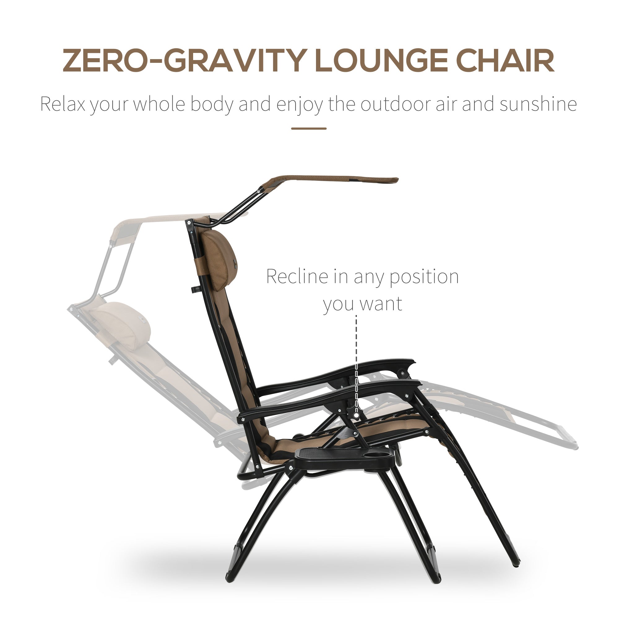 Kozy Zero Gravity Lounger Chair, Folding Reclining Patio Chair with Shade Cover, Padded Seat, Cup Holder, Soft Cushion and Headrest for Poolside, Camping, Coffee