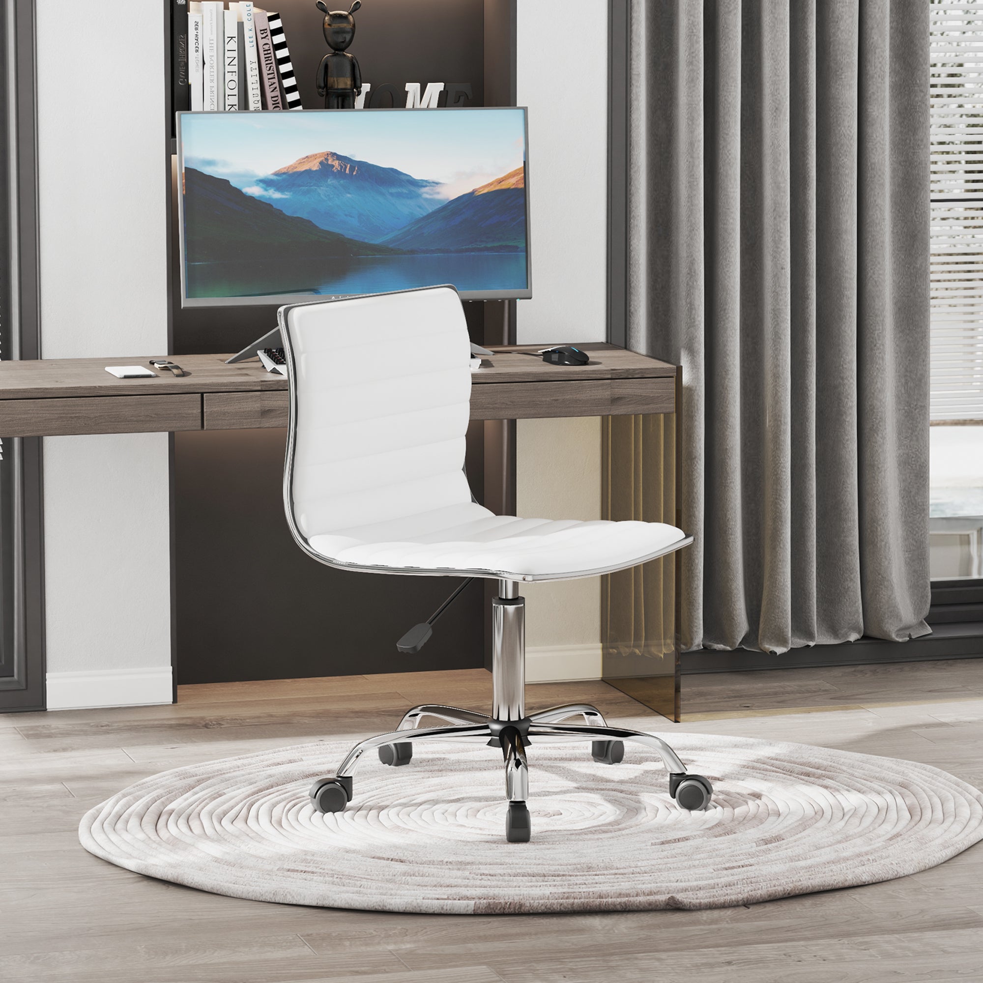 Kozy Adjustable Swivel Office Chair with Armless Mid-Back in PU Leather and Chrome Base - White