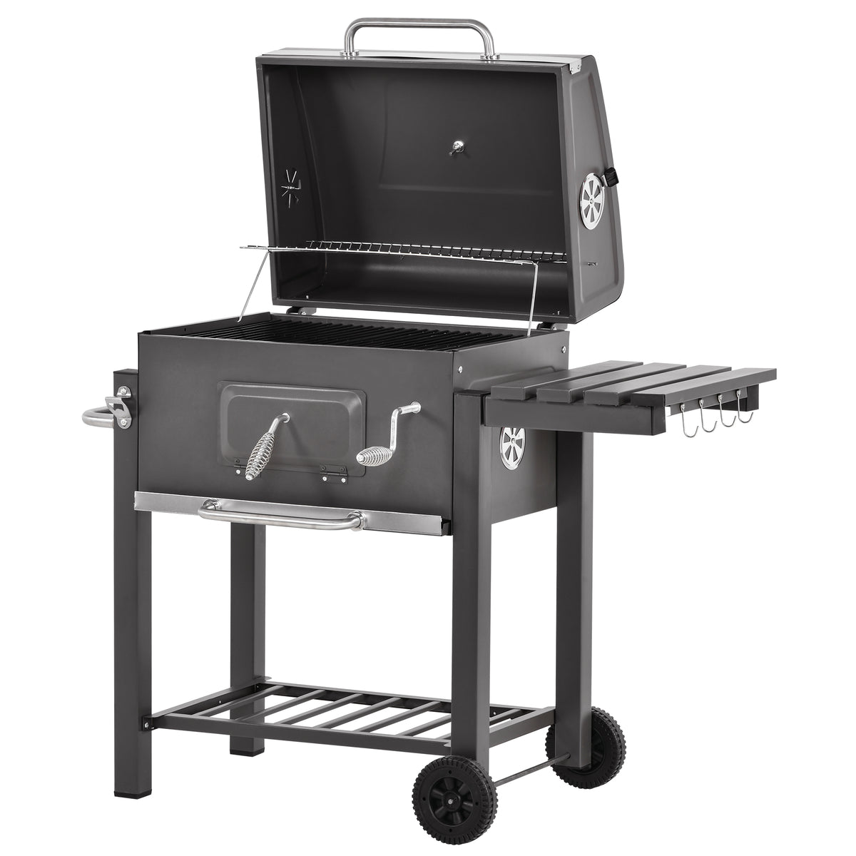 Kozy Charcoal Grill BBQ Trolley with Adjustable Charcoal Grate, Garden Metal Smoker Barbecue with Shelf, Side Table, Wheels, Built-in Thermometer, Bottle Opener