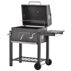 Kozy Charcoal Grill BBQ Trolley with Adjustable Charcoal Grate, Garden Metal Smoker Barbecue with Shelf, Side Table, Wheels, Built-in Thermometer, Bottle Opener