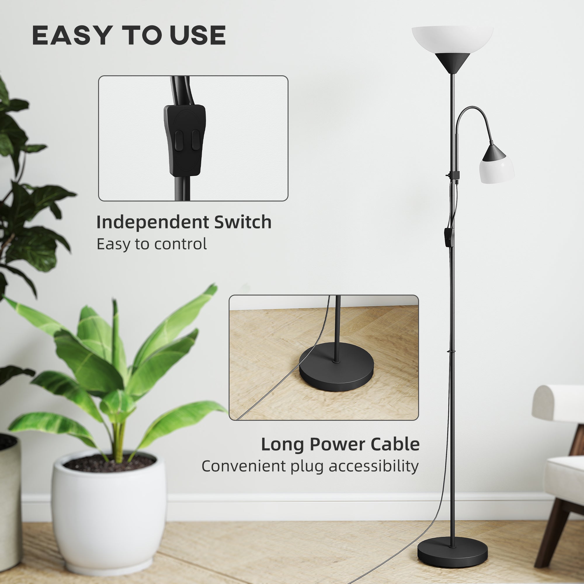Kozy - LED Floor Lamp for Living Room, 180cm Tall Standing Lamp, Mother and Child Uplighter with Adjustable Gooseneck, Black