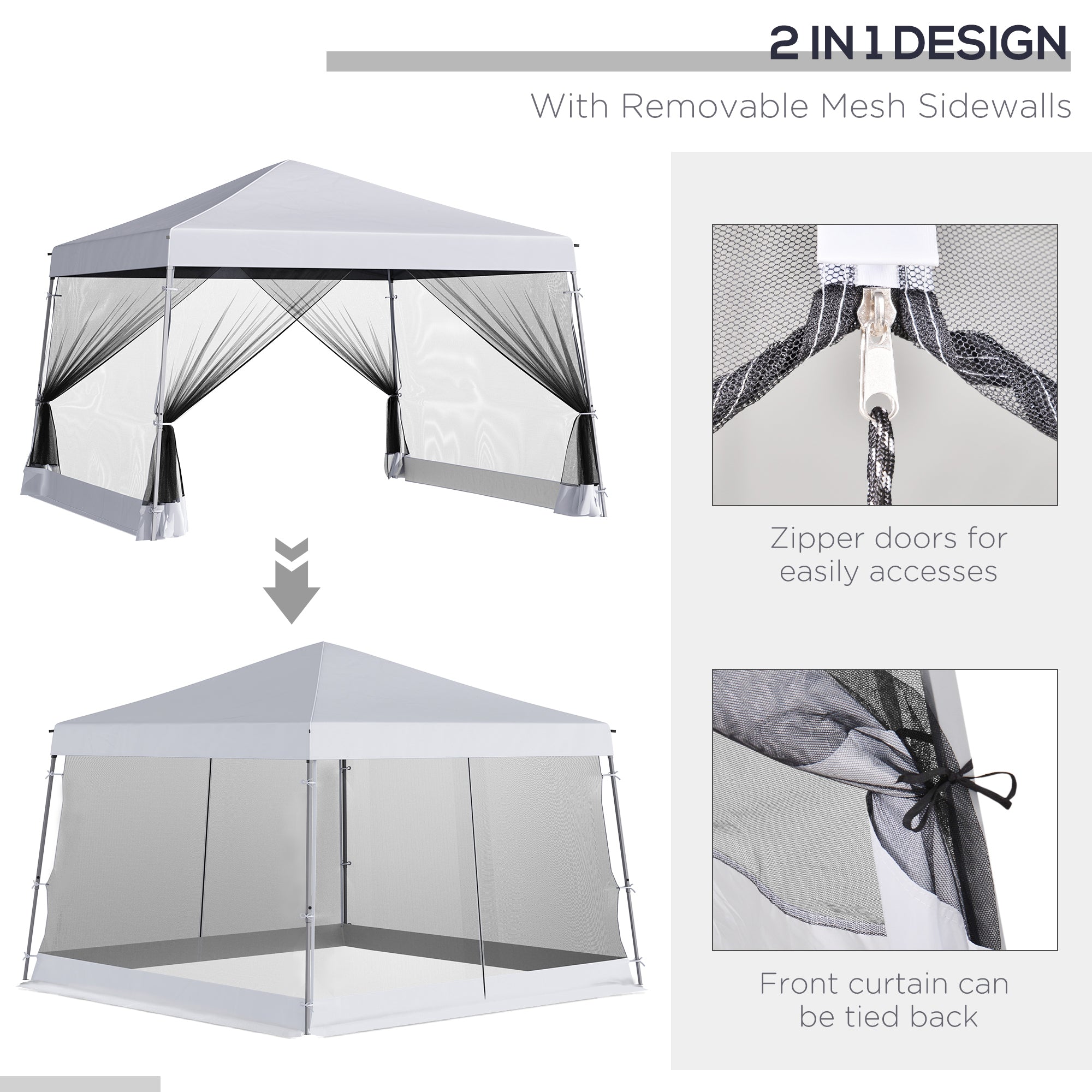 Kozy Outdoor Garden Pop-up Gazebo Canopy Tent Sun Shade Event Shelter Folding with Adjustable Height, Mesh Screen Side Walls 3.5 M × 3.5 M Base / 3 M × 3 M Top, White