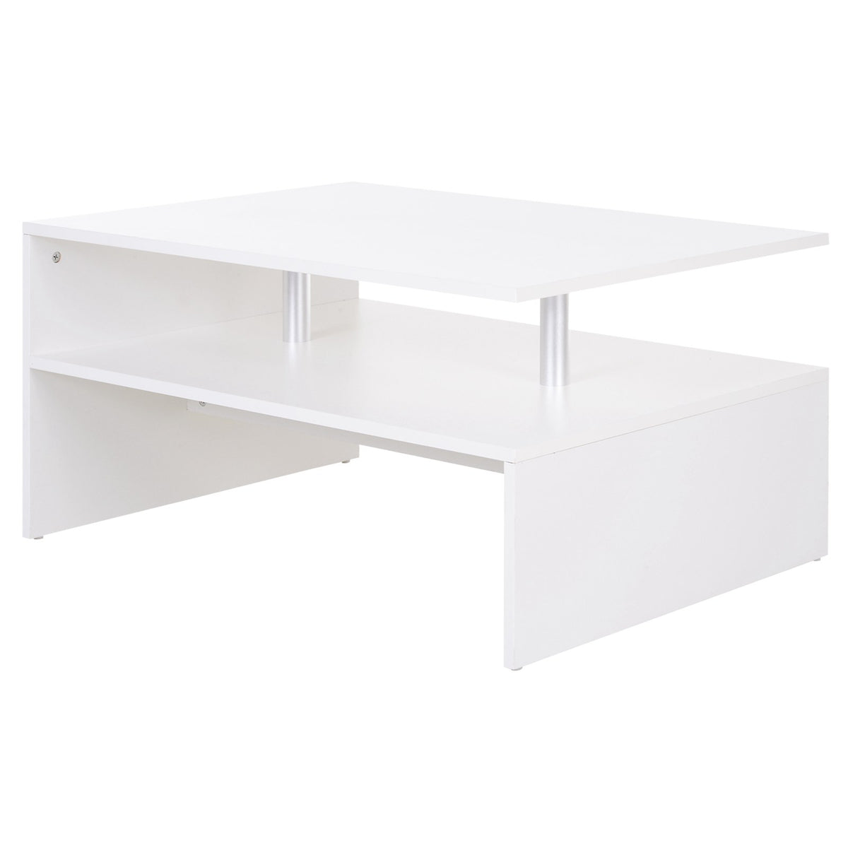 Kozy Coffee Table with Storage, 2-Tier Centre Table, Modern Living Room Table with Open Shelf and Aluminium Poles, White