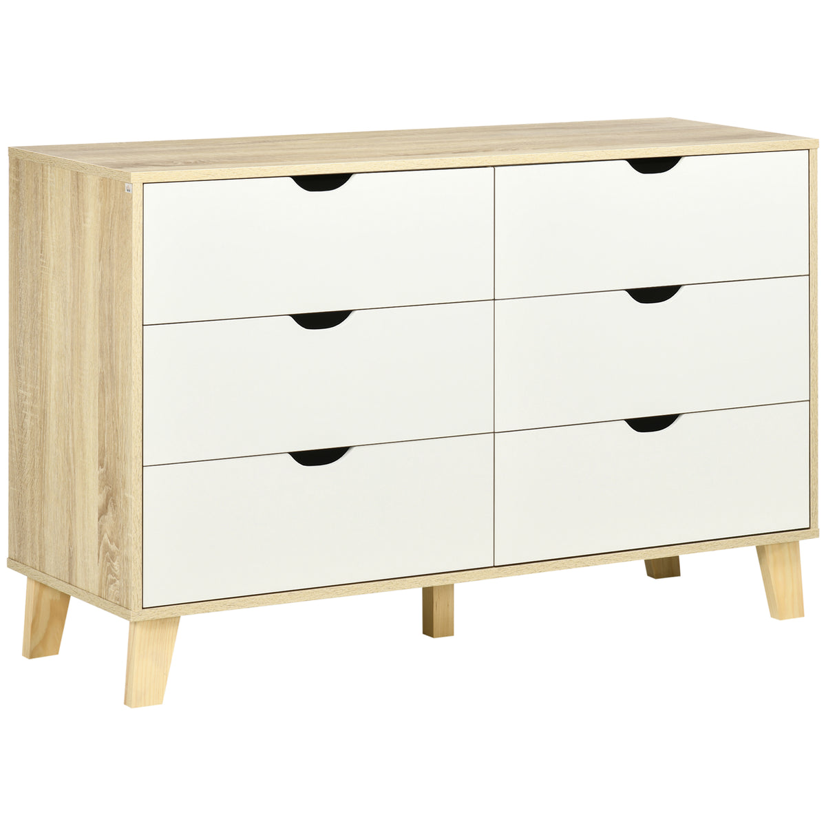 Kozy Bedroom Chest of Drawers, Wide 6-Drawer Dresser, Storage Drawer Unit with Wood Legs for Living Room, White and Light Brown