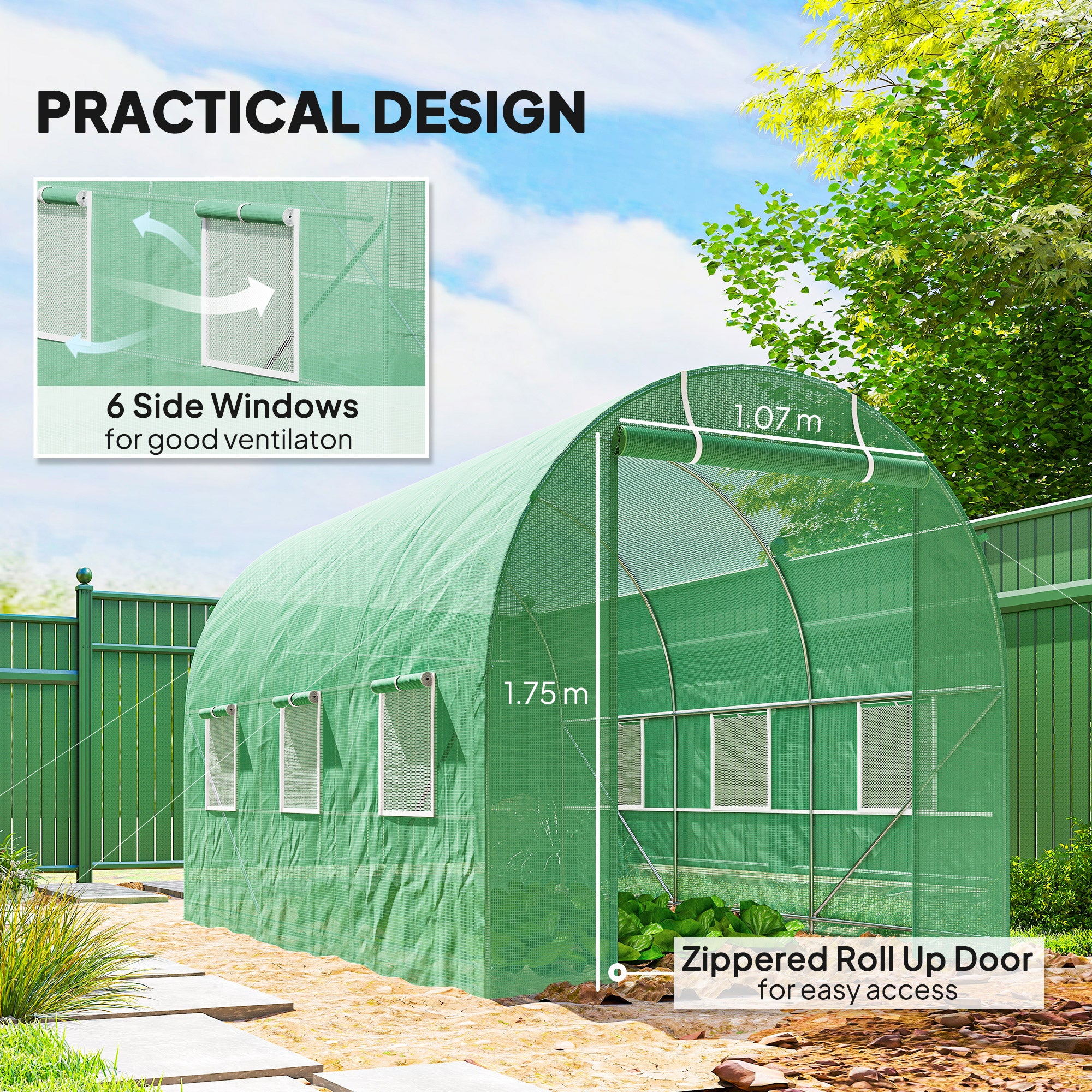 Kozy 3.5 x 2m Walk-In Polytunnel Greenhouse, with Steel Frame, PE Cover, Roll-Up Door and 6 Windows, Green