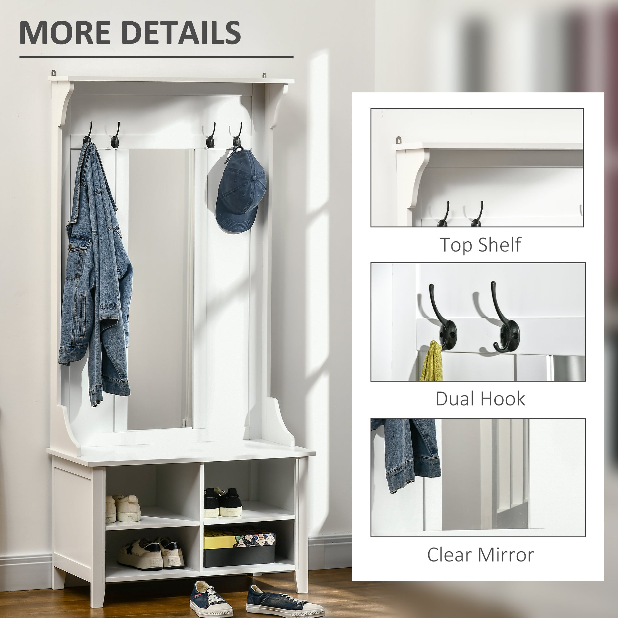 Kozy Hallway Furniture Set Shoe Bench Storage Mirror Cabinet Coat Rack Multiple Cubes Hangers Organiser Shelves w/ 4 Hooks