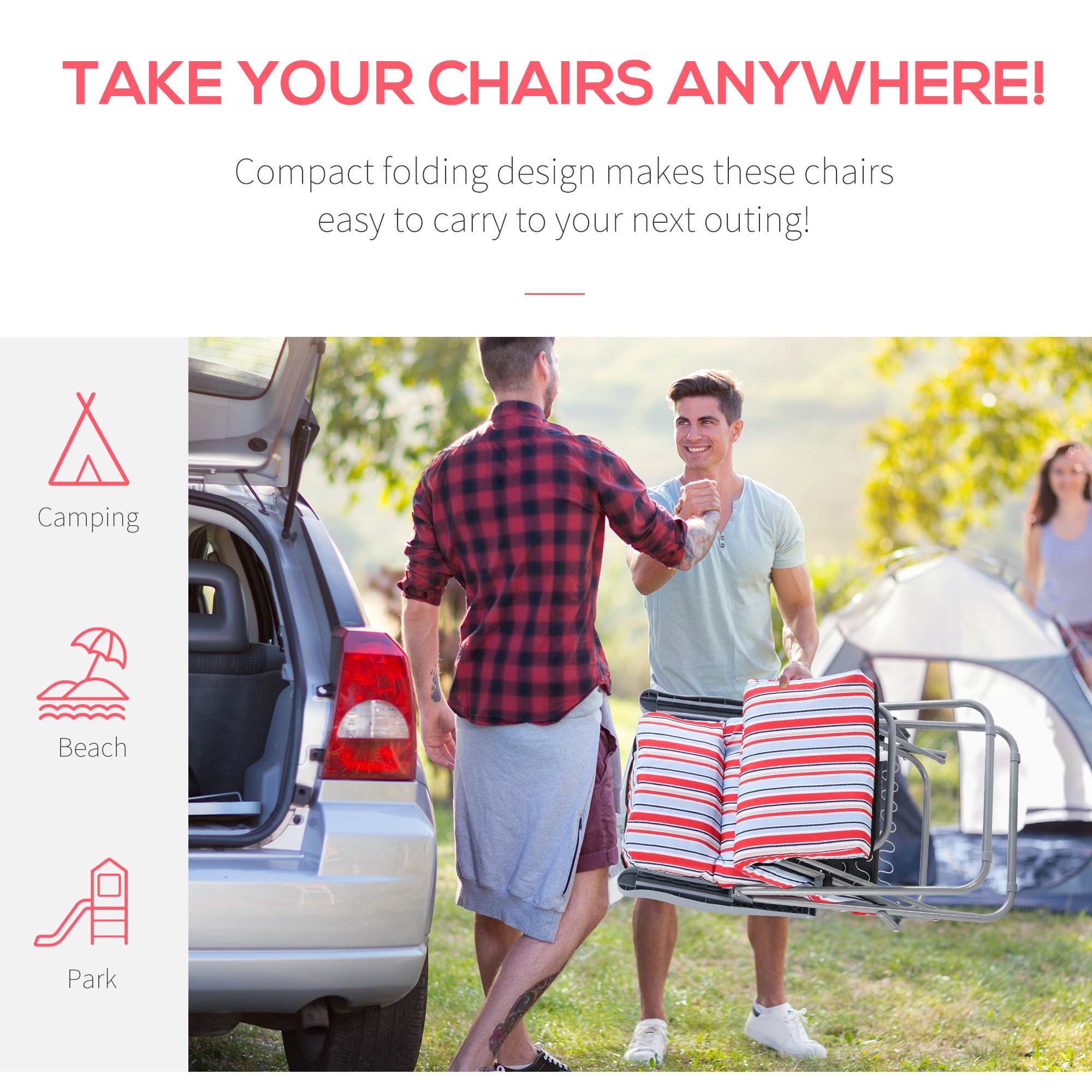 Kozy Set of 2 Garden Sun Lounger Outdoor Reclining Seat Cushioned Seat Foldable Adjustable Recliner Red and White