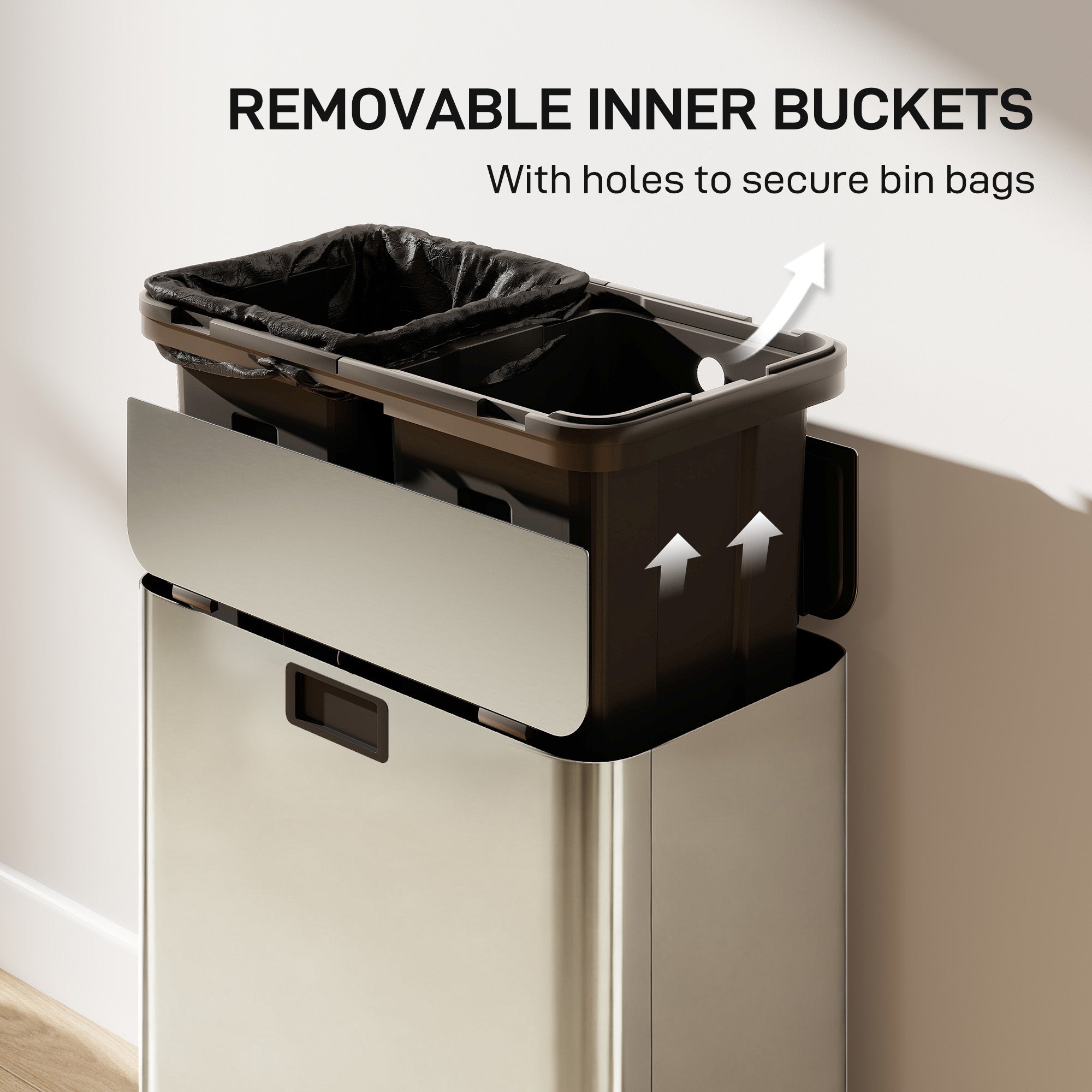 Kozy Dual Kitchen Bin with Soft-Close Butterfly Lid, 2 x 28L Stainless Steel Pedal Bin with Removable Inner Buckets, Fingerprint-Proof for Recycling and Waste, Silver Tone