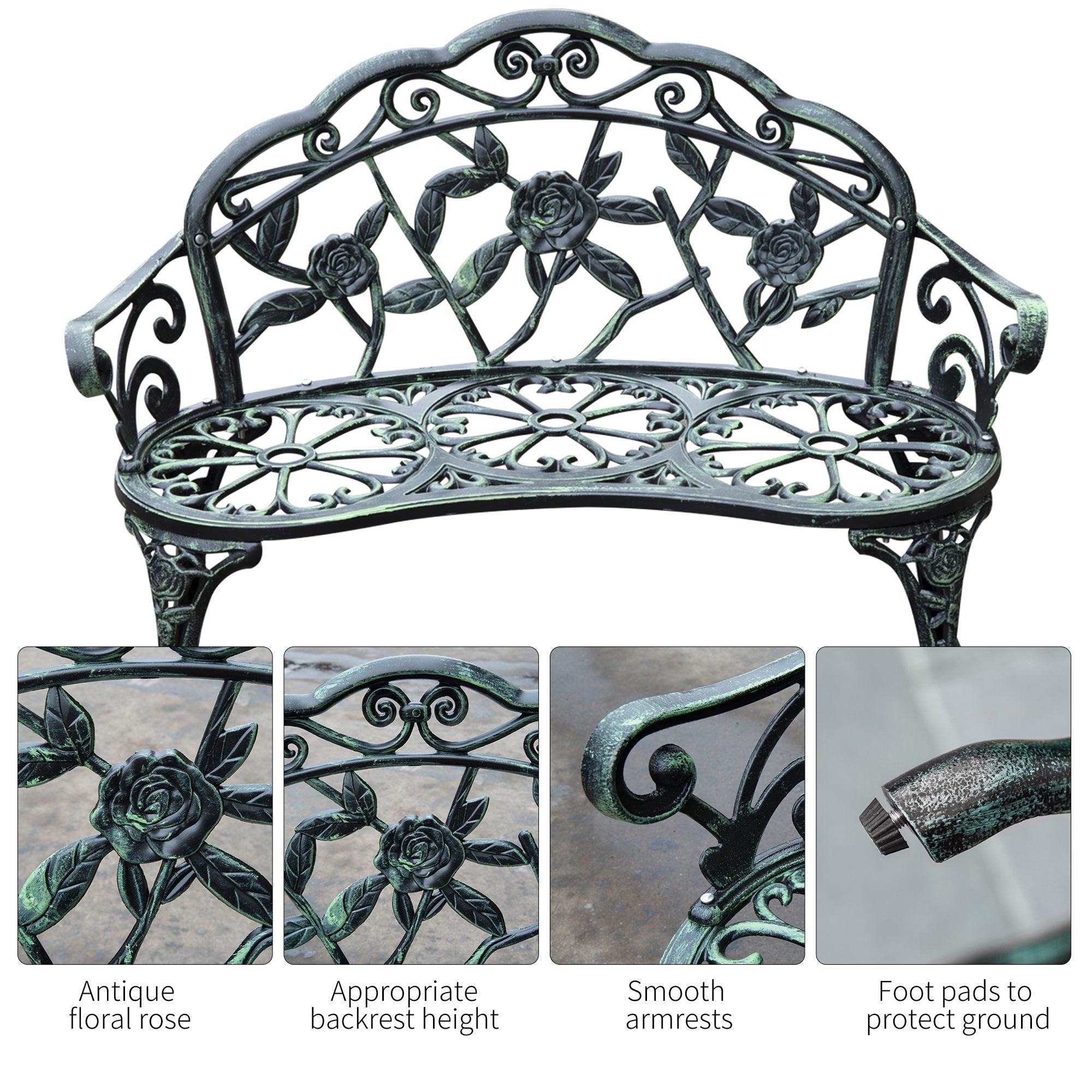 Outsunny Cast Aluminium Outdoor Garden Patio Antique Rose Style Bench Porch Park Chair Seater