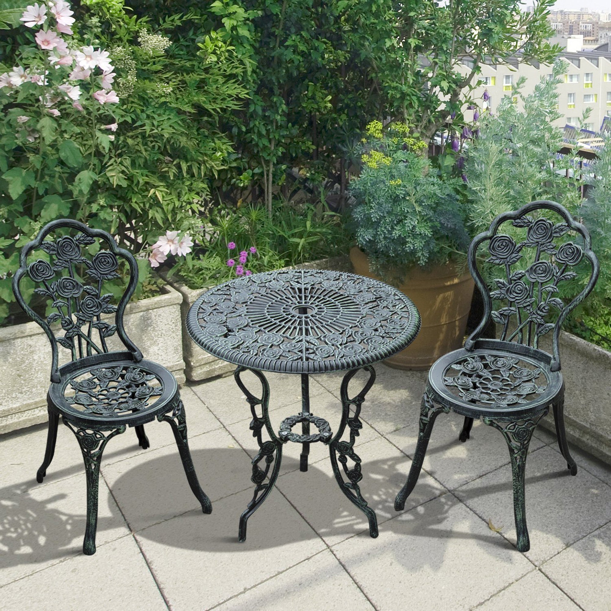Kozy Cast Aluminium Outdoor Patio Garden Bistro Elegant Design Table Chair Set - Green (3-Piece)