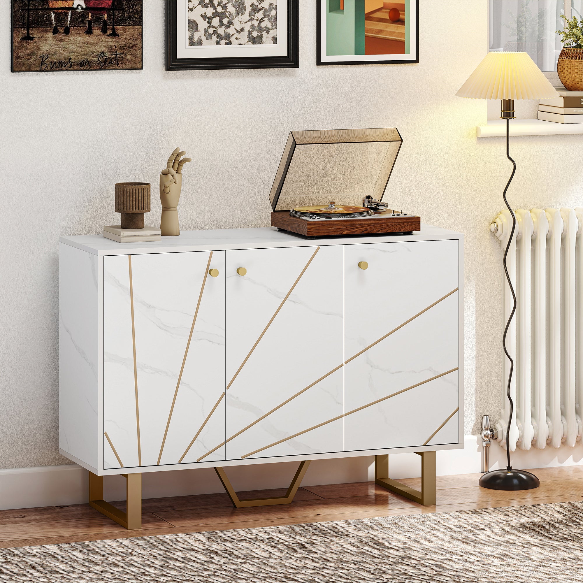 Kozy - Sideboard Storage Cabinet, Modern Storage Cupboard with Adjustable Shelves and Metal Legs for Living Room, Kitchen, Dining Room, Entryway, White Marble Tone