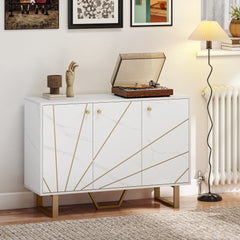 Kozy - Sideboard Storage Cabinet, Modern Storage Cupboard with Adjustable Shelves and Metal Legs for Living Room, Kitchen, Dining Room, Entryway, White Marble Tone