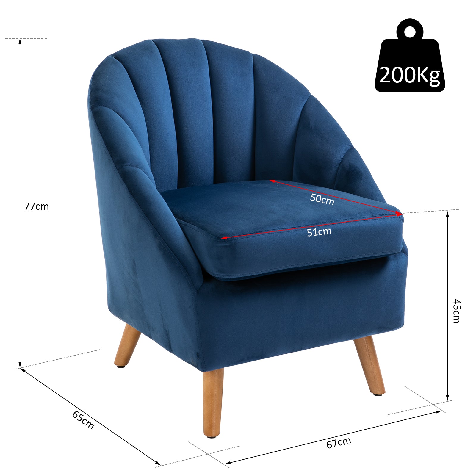 HOMCOM Accent Chair Velvet Fabric Single Sofa Armchair Home Living Room Solid Wood Leg Upholestered Side Armchair Blue