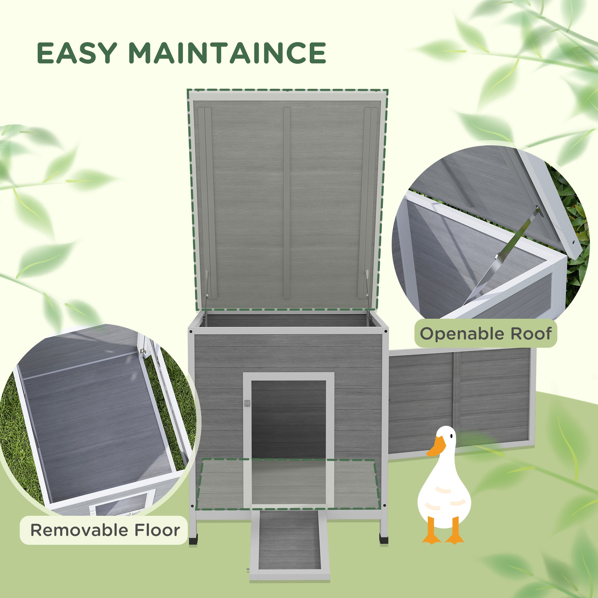 Kozy - Wooden Duck House with Ramp, Double Doors, Openable Asphalt Roof, Ventilation Holes, Removable Base, Light Grey