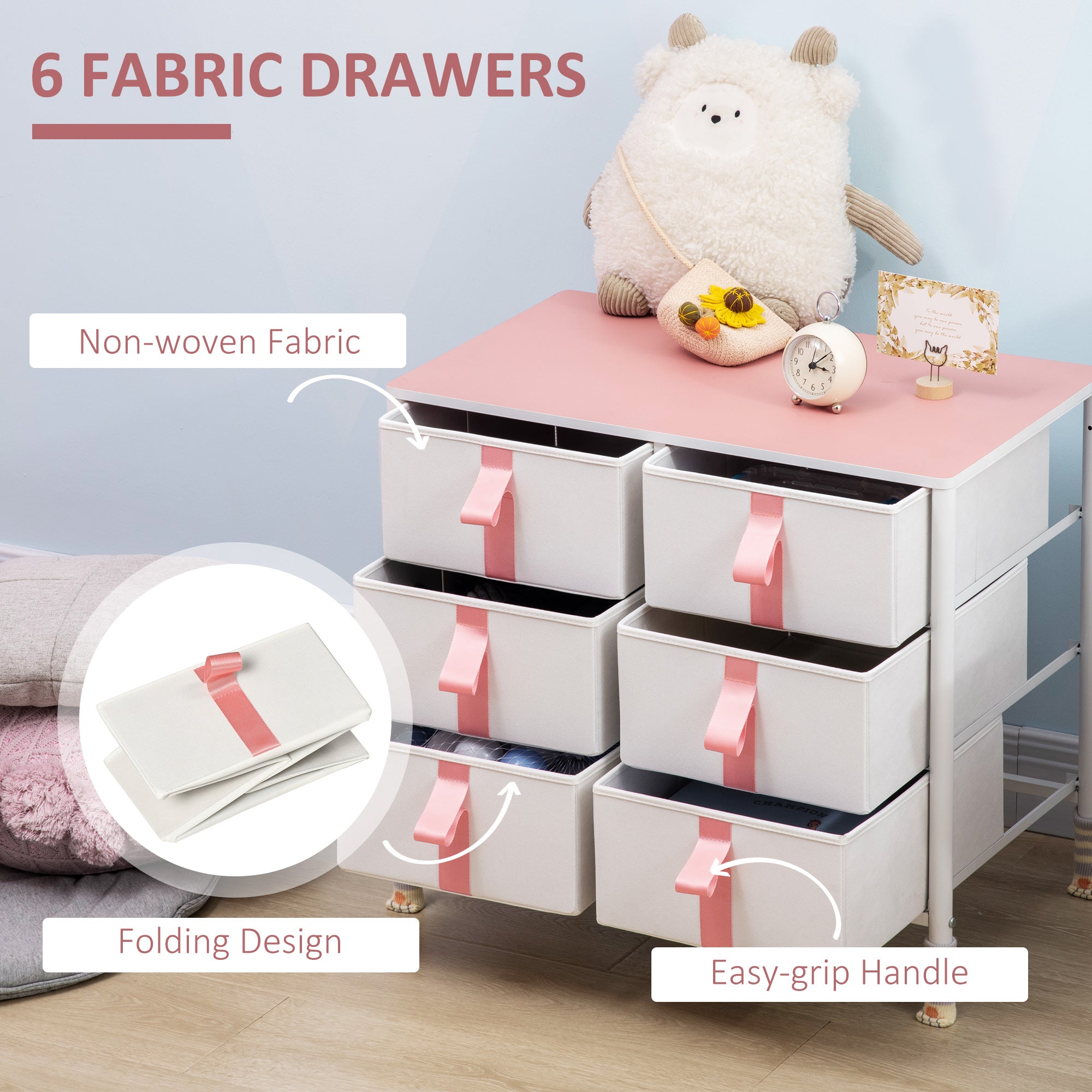 Kozy Chest of Drawers, Cloth Organizer Unit with 6 Fabric Drawers, Metal Frame and Wooden Top, Storage Cabinet for Kids Room, Living Room, Closet, Hallway, Pink