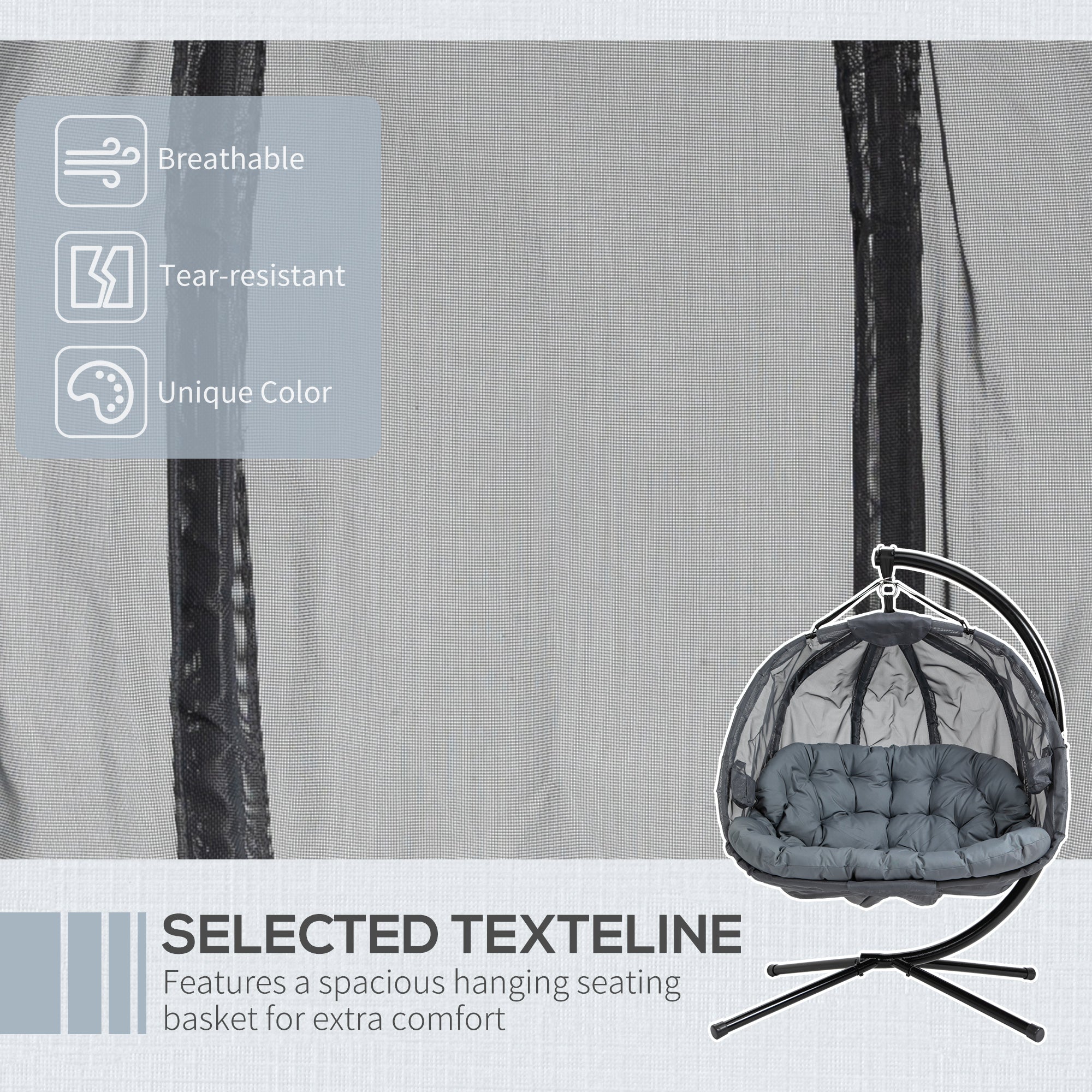 Kozy Double Hanging Egg Chair 2 Seaters Texteline Swing Hammock Chair with Stand, Cushion and Folding Design, for Indoor and Outdoor, Grey