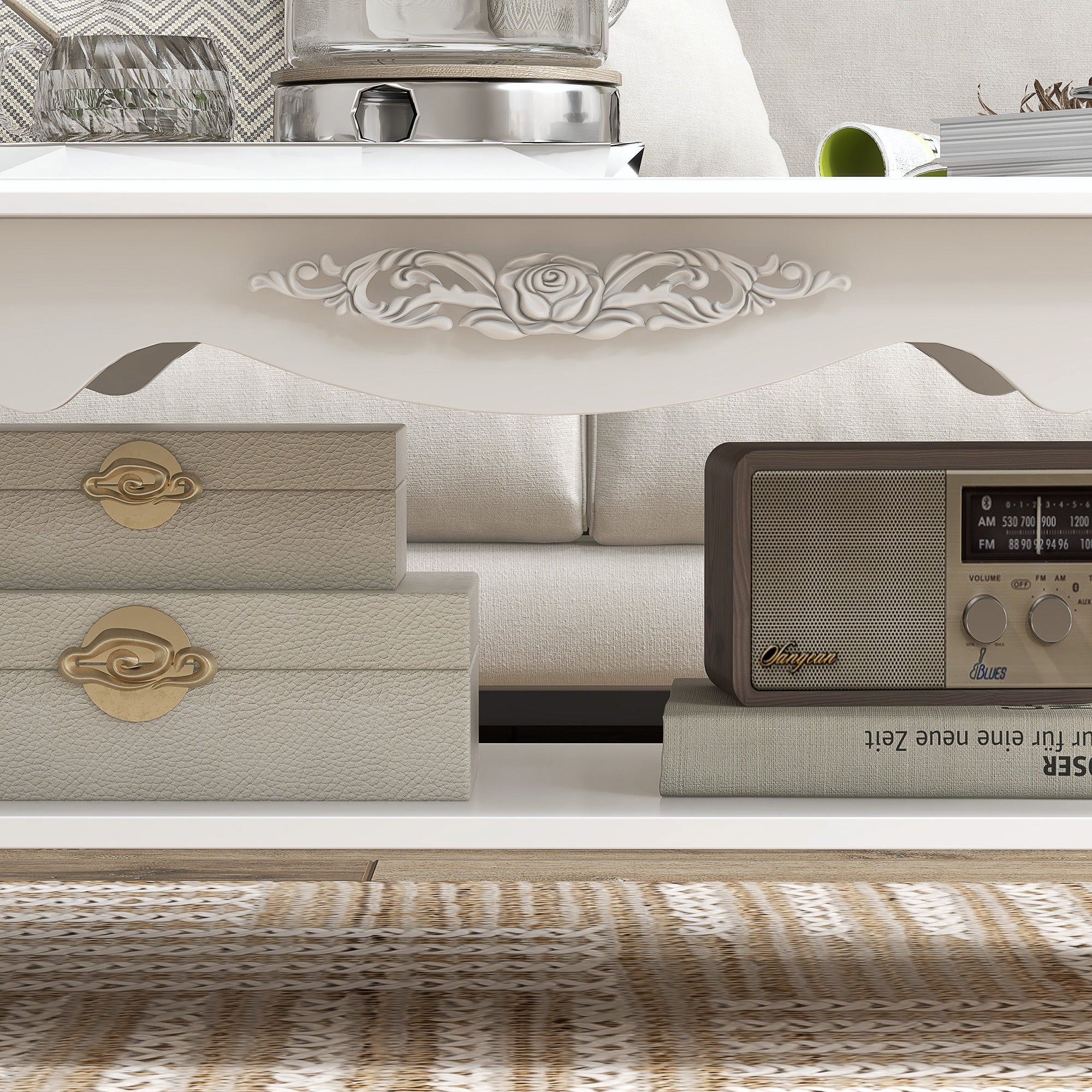 Kozy White Coffee Table Wood Cocktail Tea Centre Table with Storage Shelf for Living Room Reception Room, 94L x 44W x 42H cm