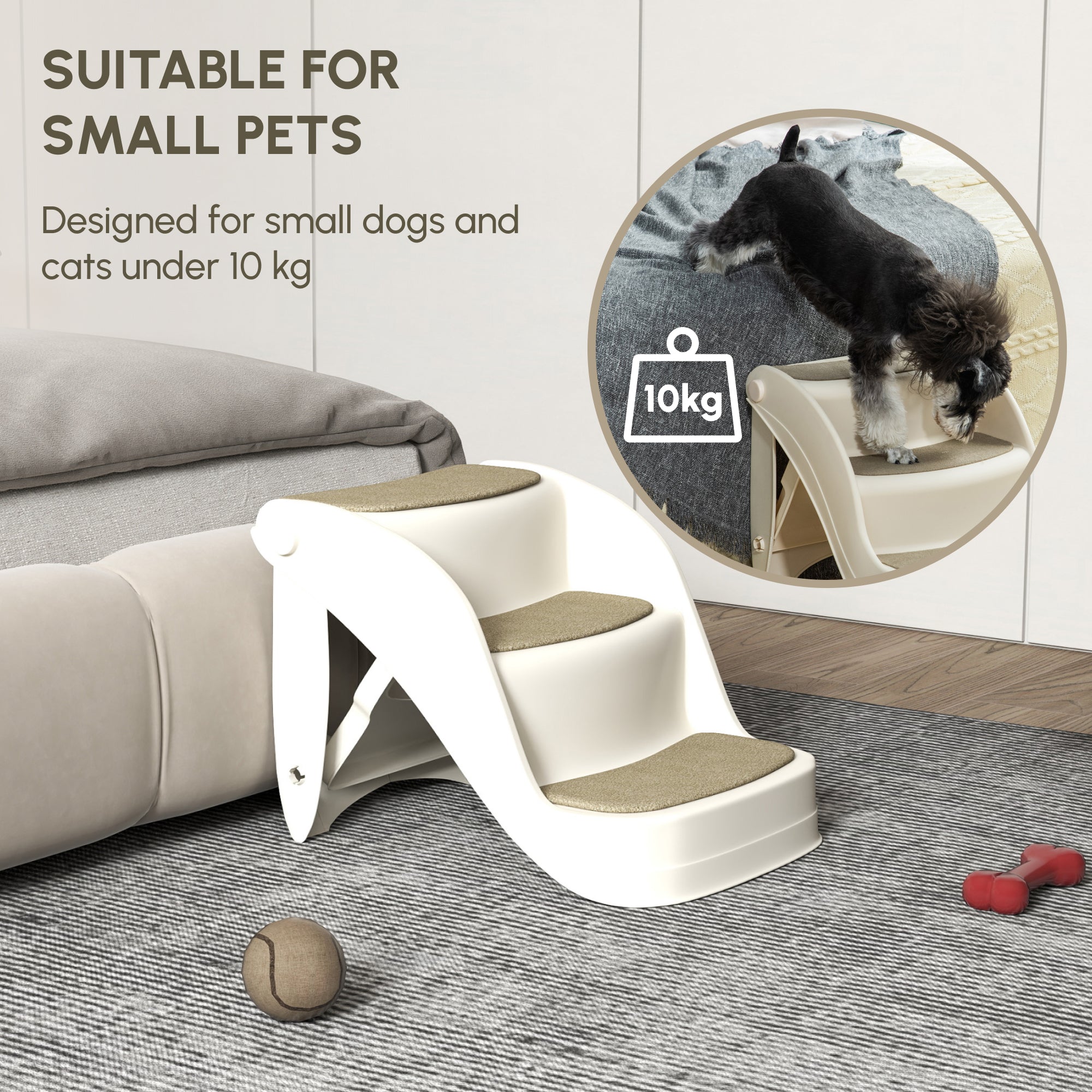 Kozy Foldable Pet Stairs Portable Dog Steps 3-Step Design with Non-slip Mats for High Beds, Sofas, 49 x 38 x 38 cm, Cream
