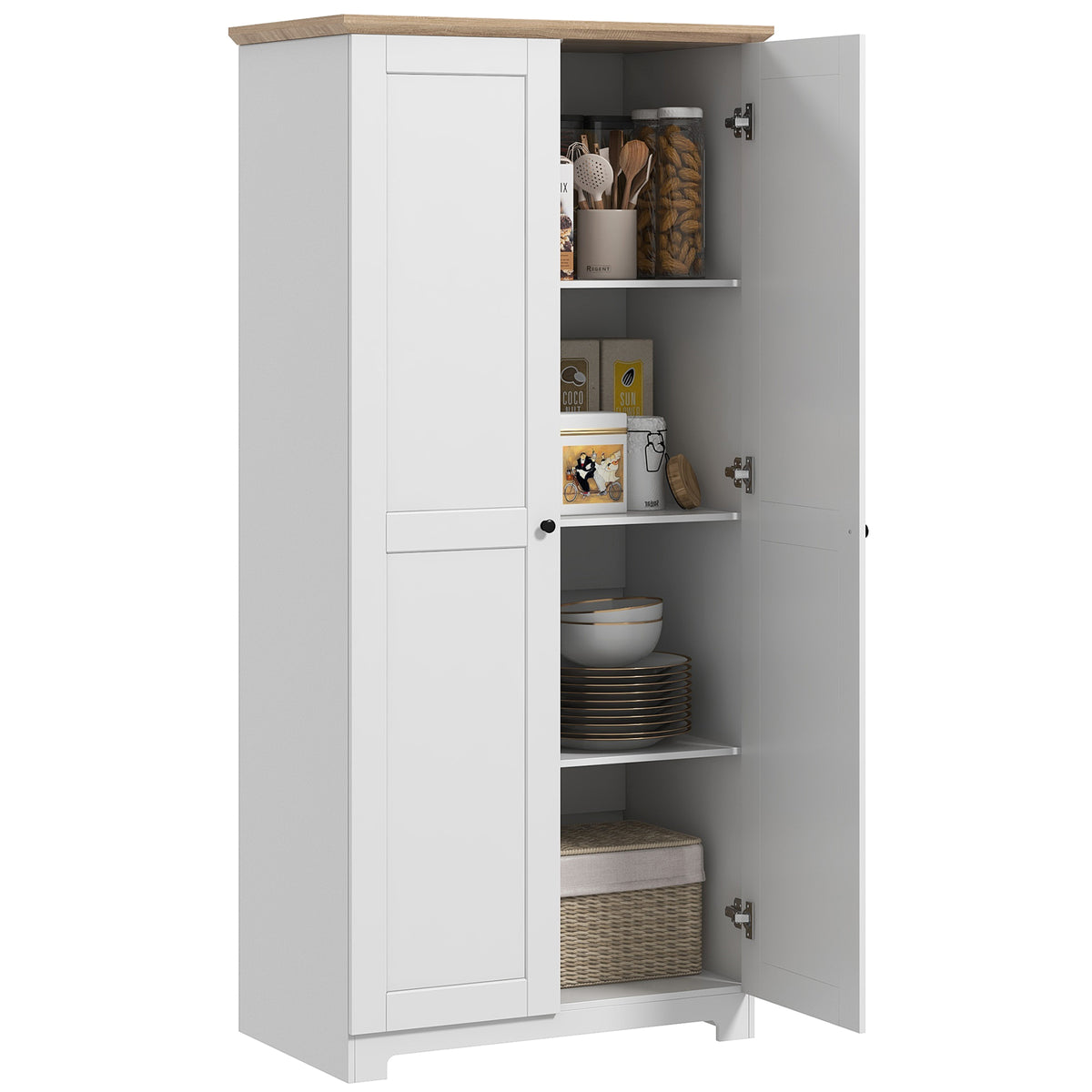 Kozy 172cm Kitchen Cupboard, Freestanding Storage Cabinet with Doors and Shelves, Modern 2-Door Kitchen Pantry Cupboard for Dining Room, White
