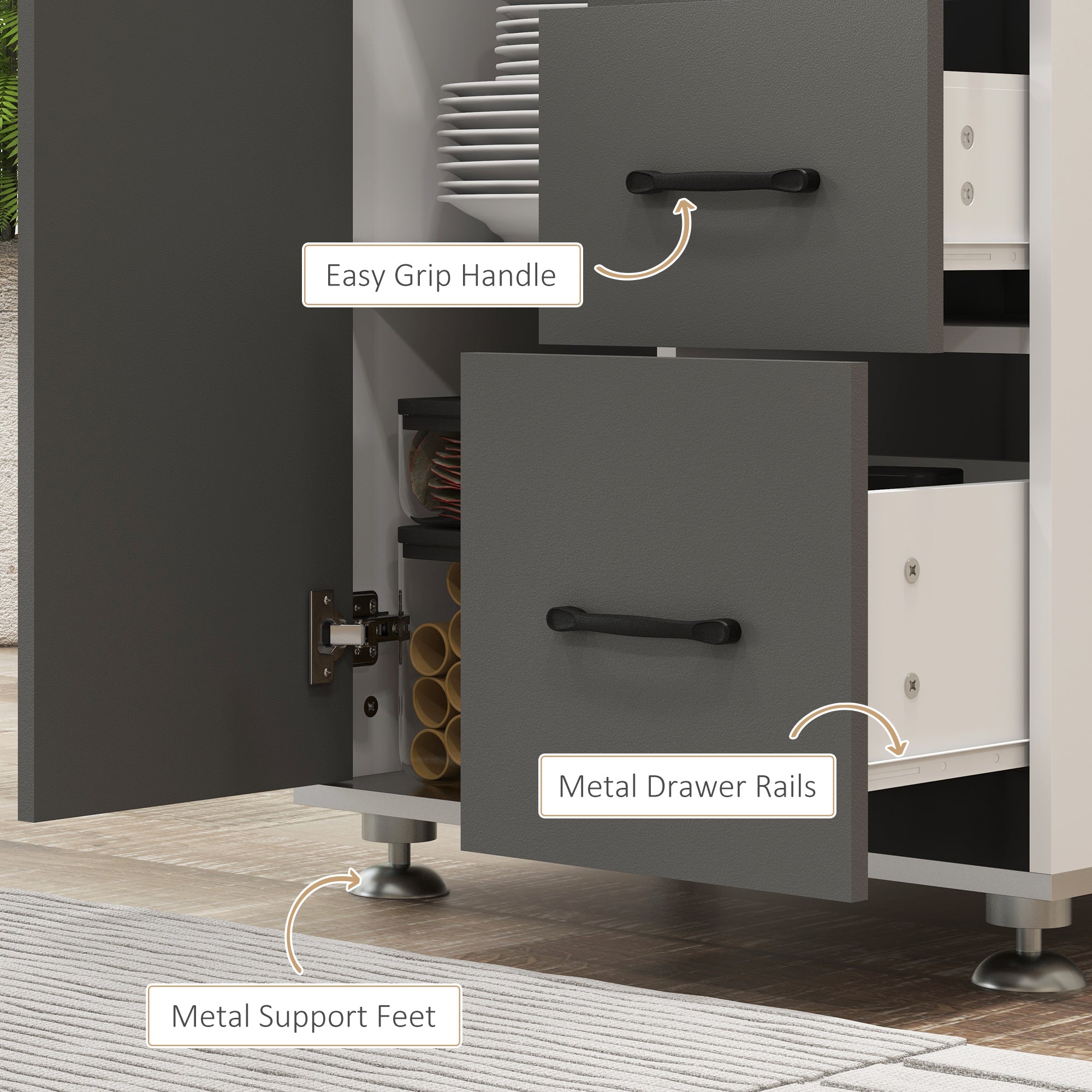 Kozy Modern Kitchen Cupboard with Storage Cabinets, 3 Drawers and Open Countertop for Living Room, Grey